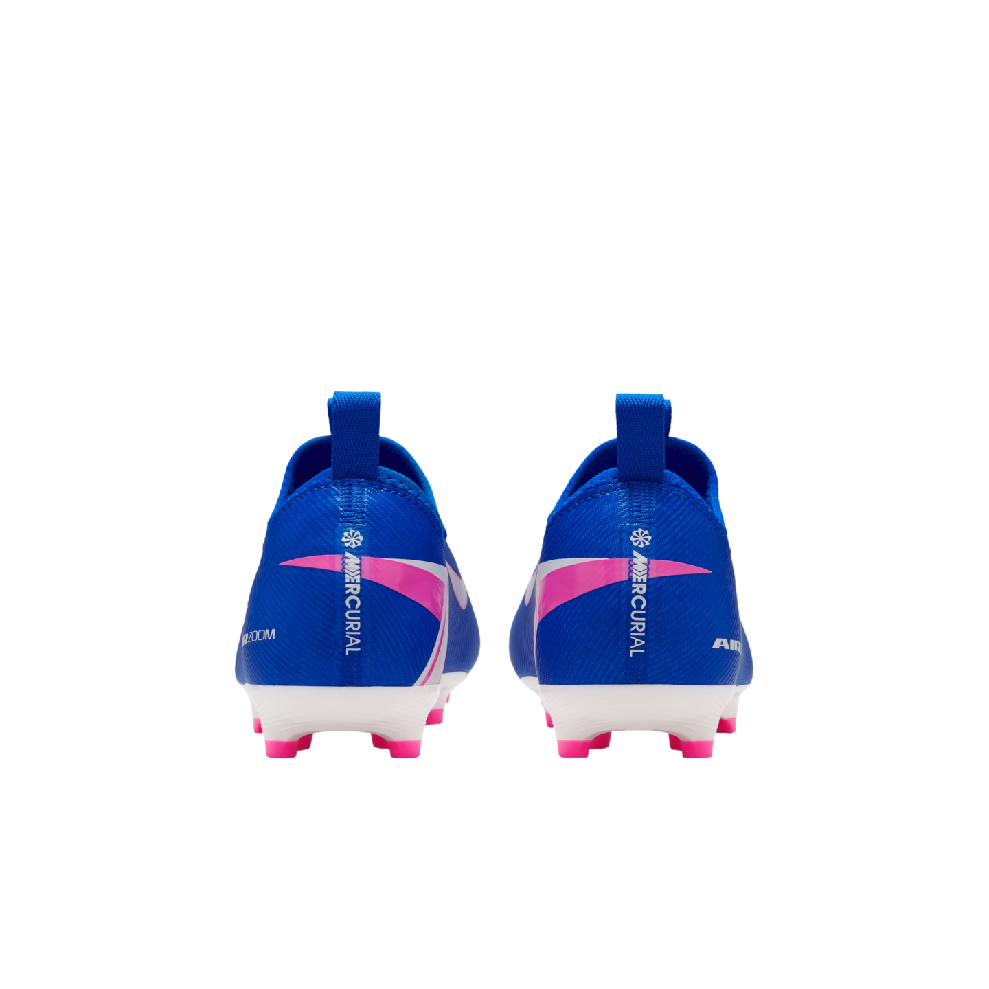 Rear view of two blue Nike Mercurial soccer cleats with pink and white accents on a black background.