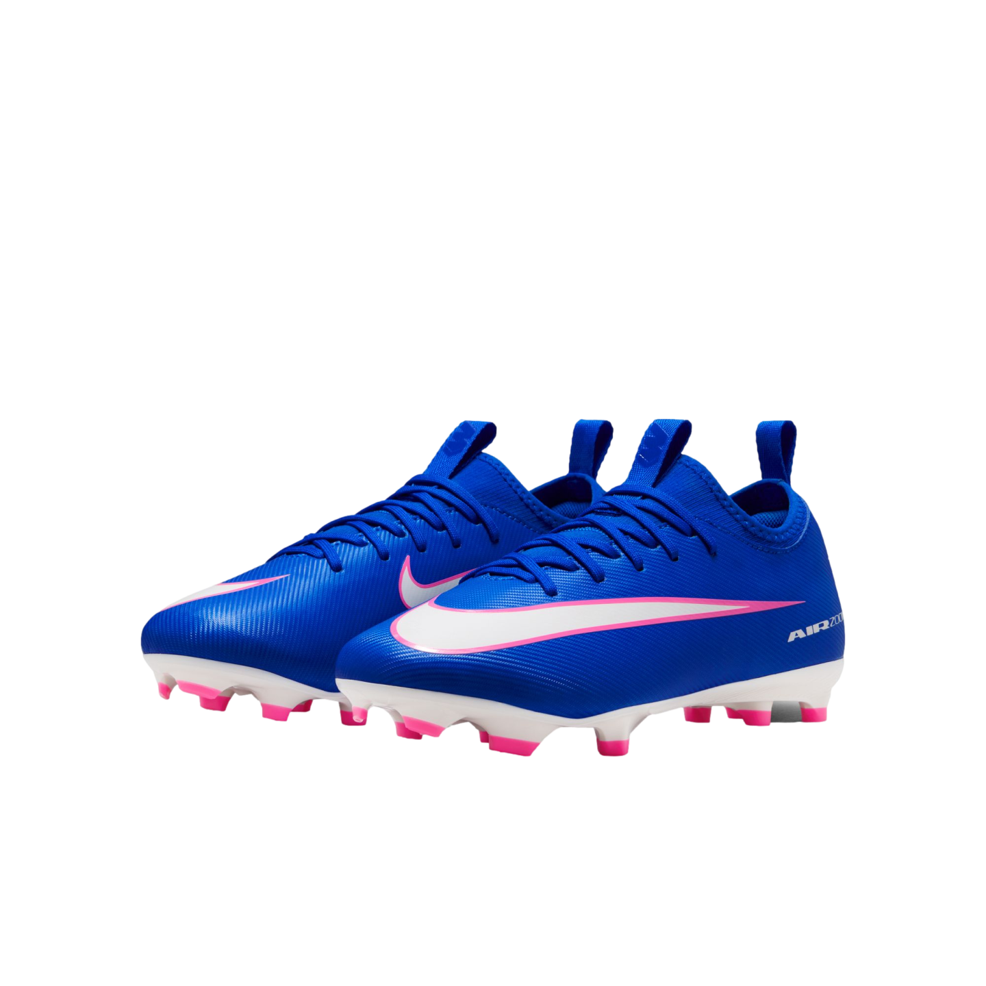 A pair of blue Nike Mercurial Air Zoom soccer cleats with pink and white accents, shown against a solid black background.