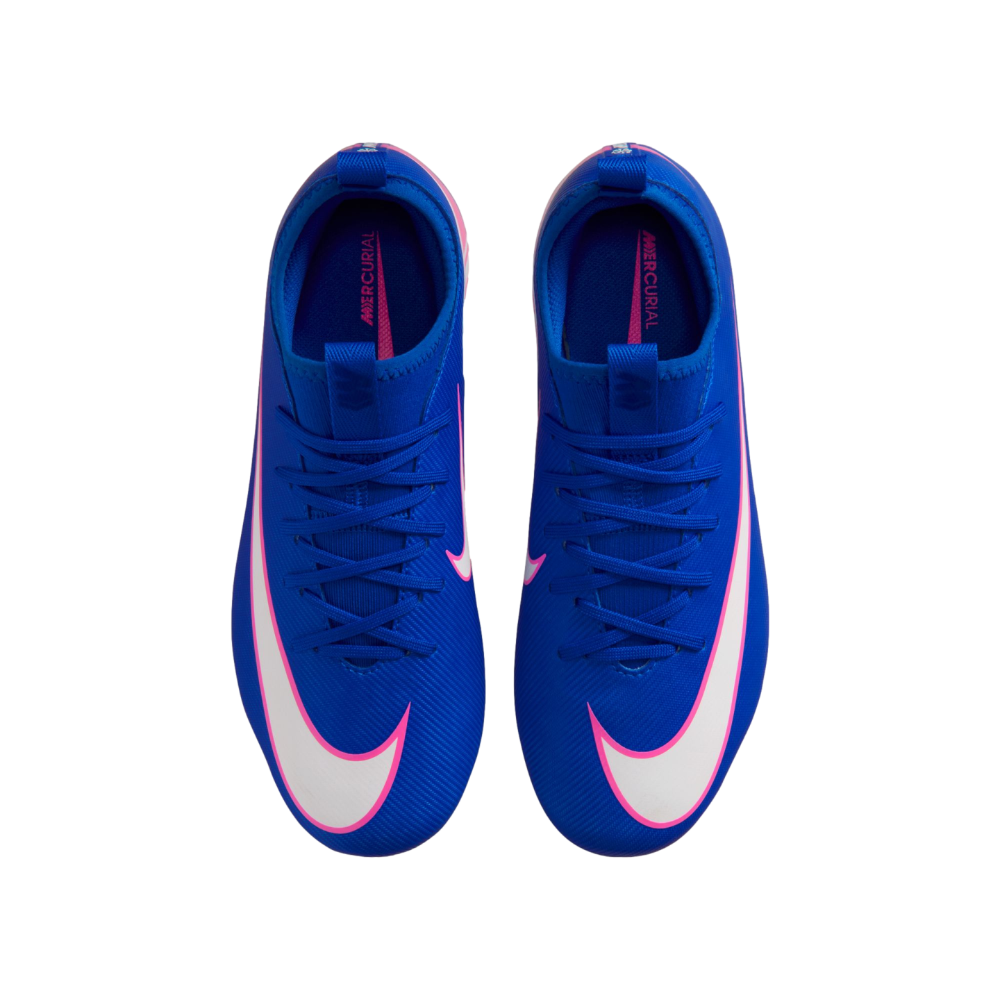 Top-down view of blue Nike Mercurial soccer cleats with white swoosh logos outlined in pink.