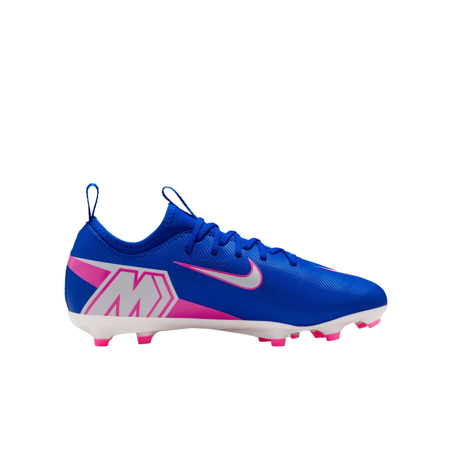 Side profile of a blue Nike Mercurial soccer cleat with pink and white accents on a black background.