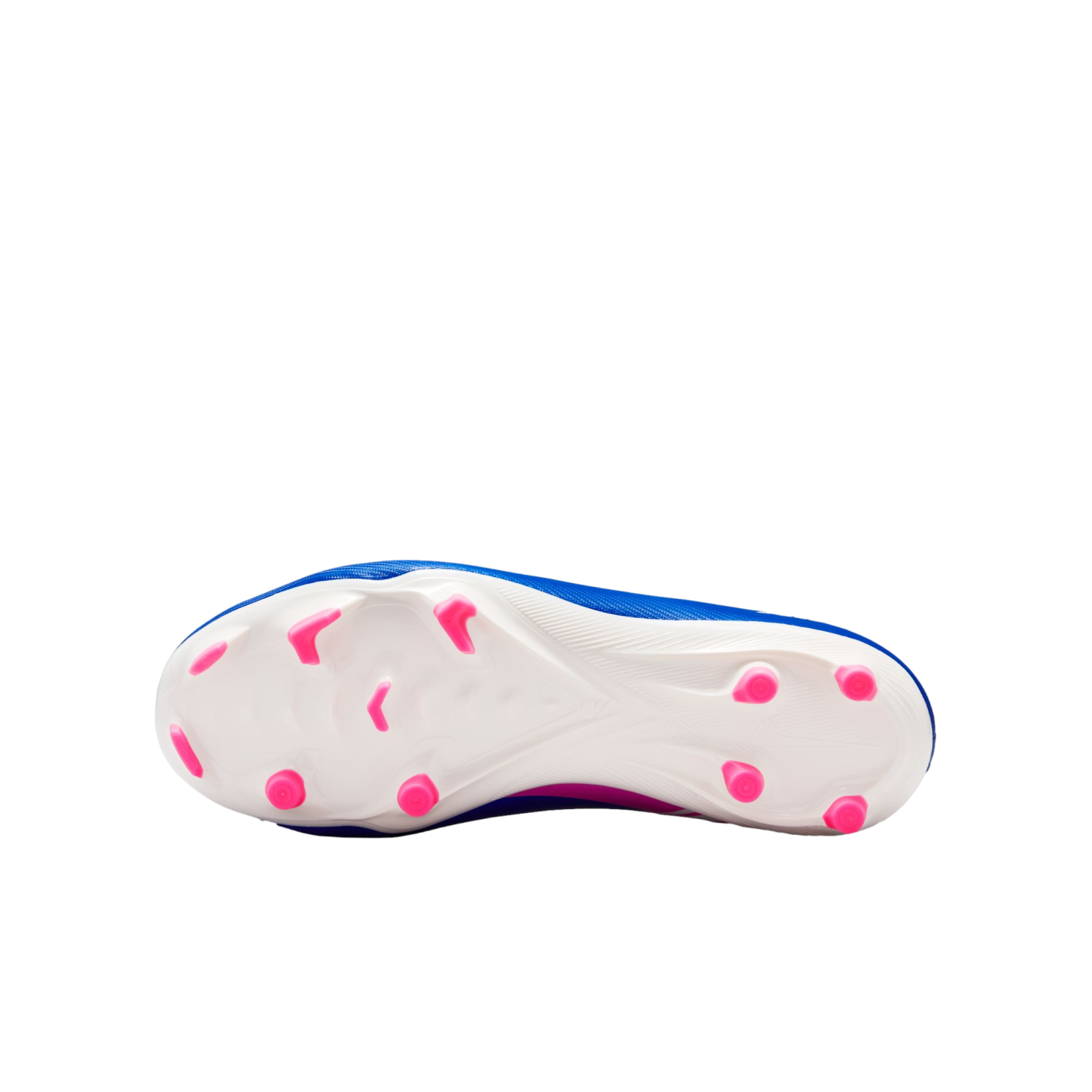 Underside of a blue soccer cleat with a white soleplate and bright pink studs against a black background.