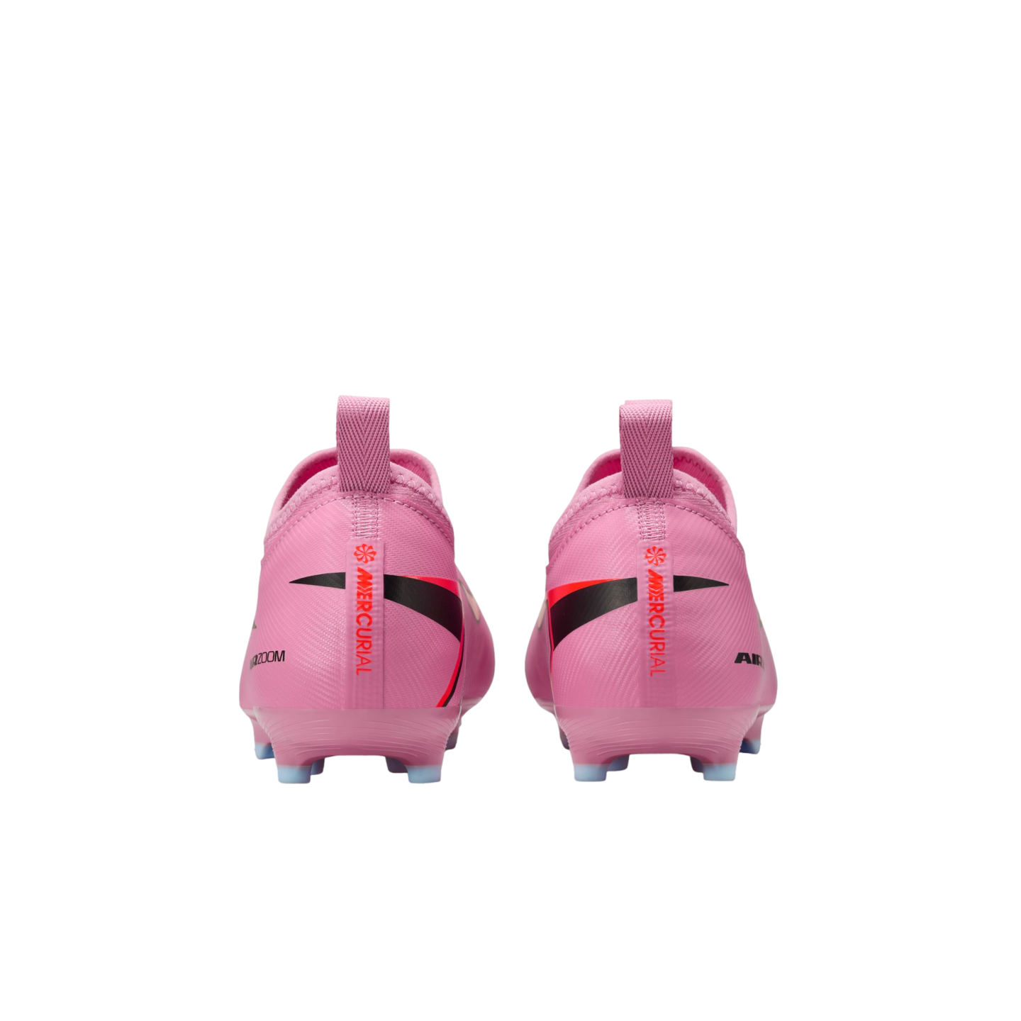 Rear view of a pair of pink Nike Mercurial soccer cleats with black and red accents, set against a solid black background.