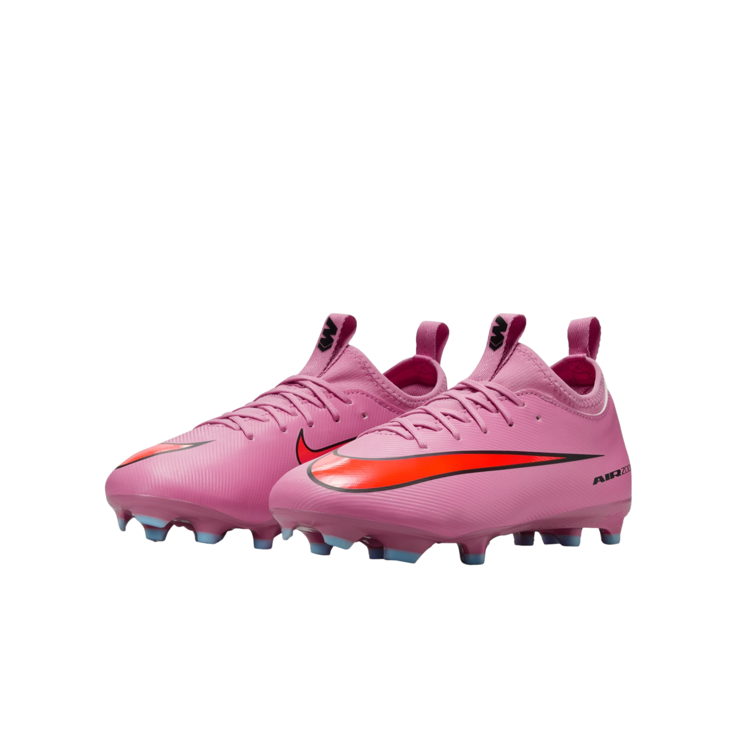 A pair of pink Nike Air Zoom Mercurial soccer cleats with bright orange Swooshes and light blue studs, shown against a solid black background.