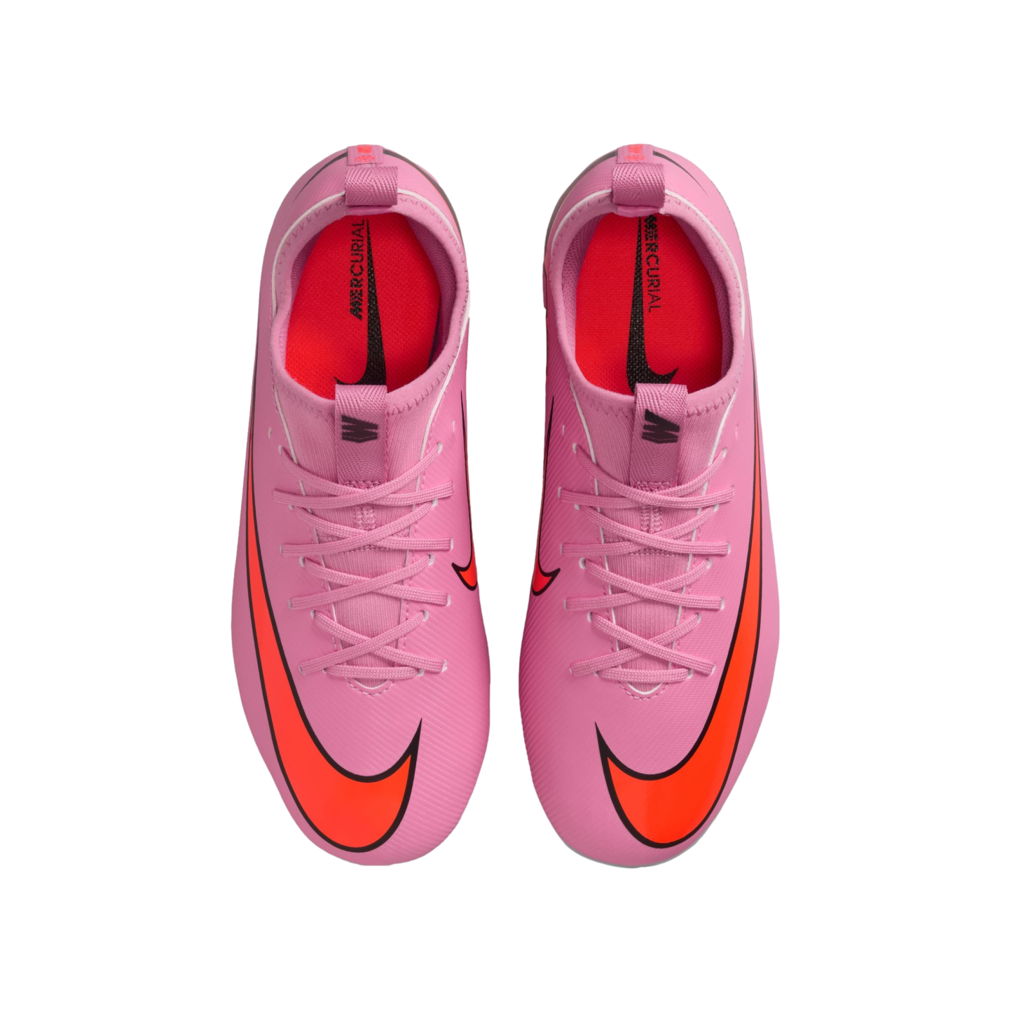 Top-down view of a pair of bright pink Nike Mercurial soccer cleats with large orange swoosh logos and pink laces, set against a solid black background.