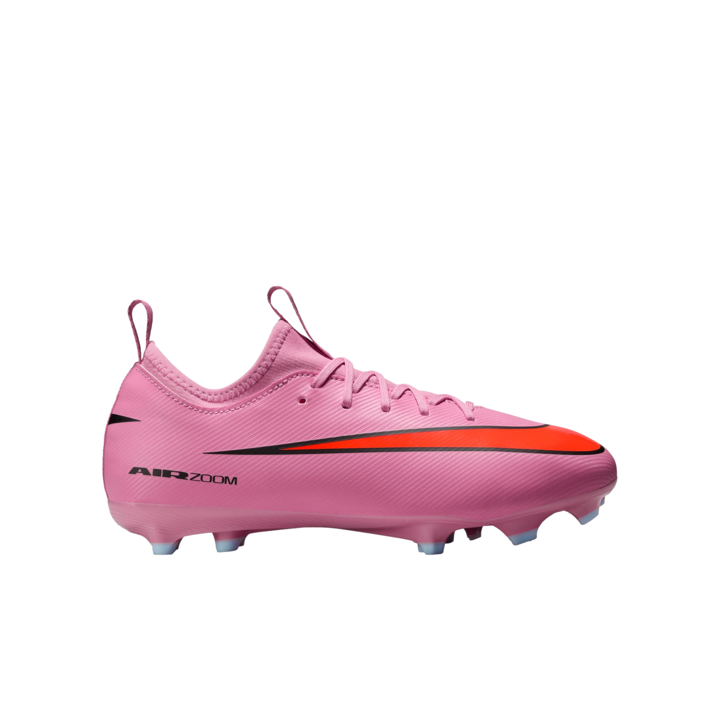 Side view of a pink Nike soccer cleat featuring a red swoosh and black "AIR ZOOM" text, set against a black background.