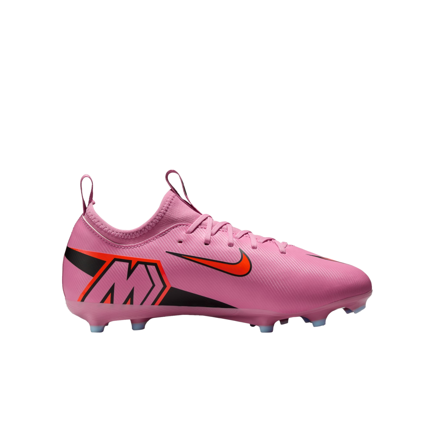 A side view of a pink Nike Mercurial soccer cleat with orange and black accents against a solid black background.