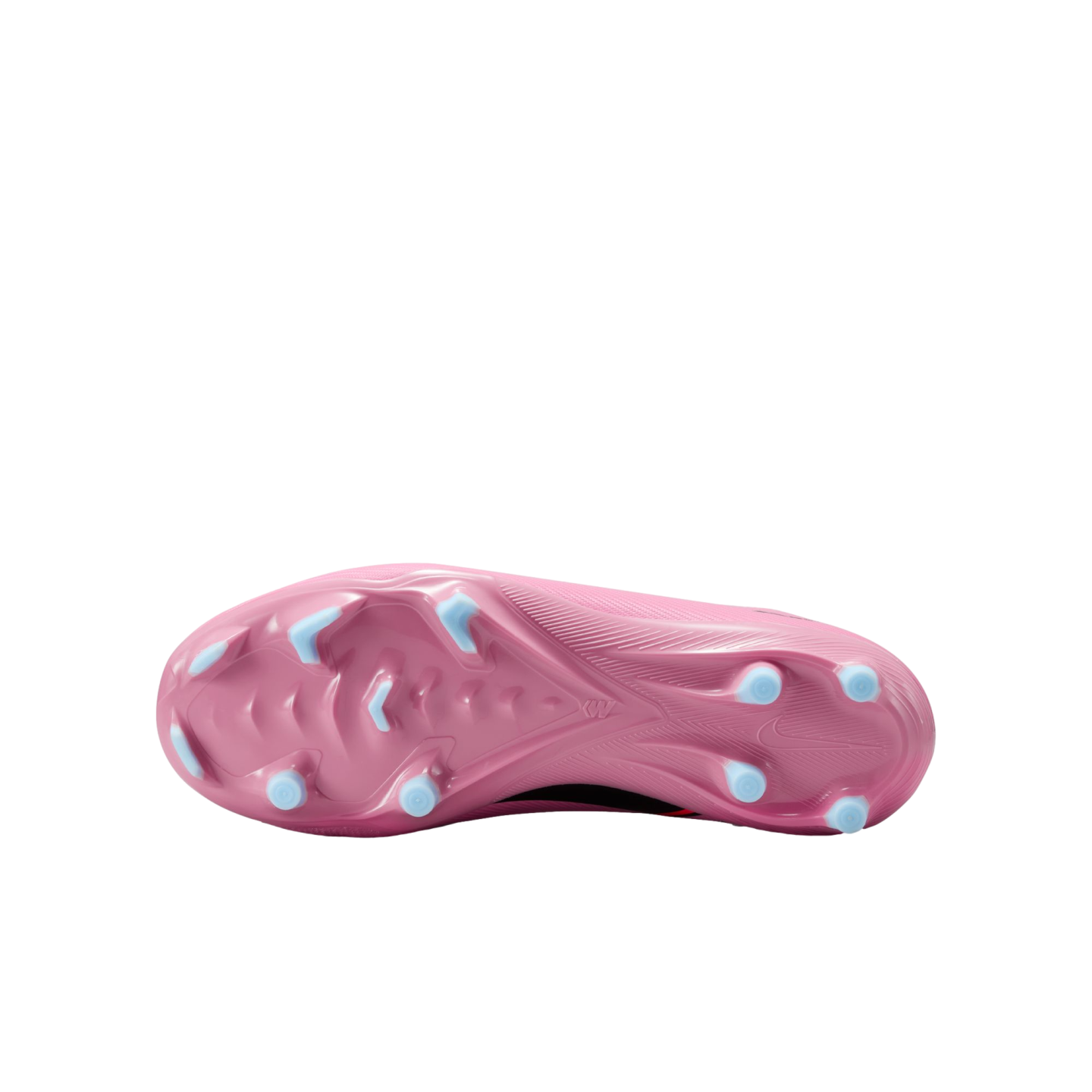 Sole view of a pink soccer cleat with light blue studs and textured details, set against a solid black background.