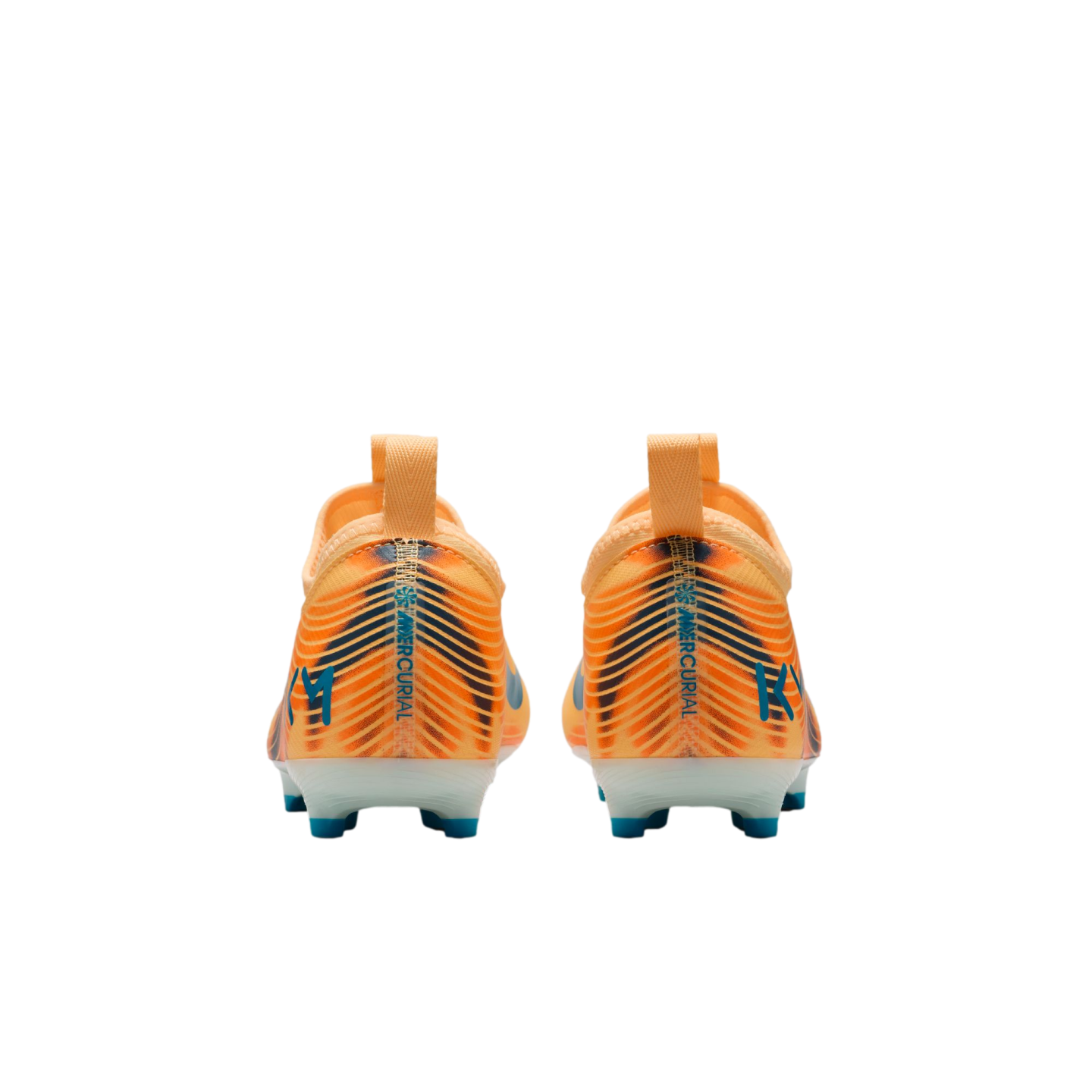 Rear view of orange and blue Nike Mercurial football boots with white soles and 'KM' branding, set against a solid black background.
