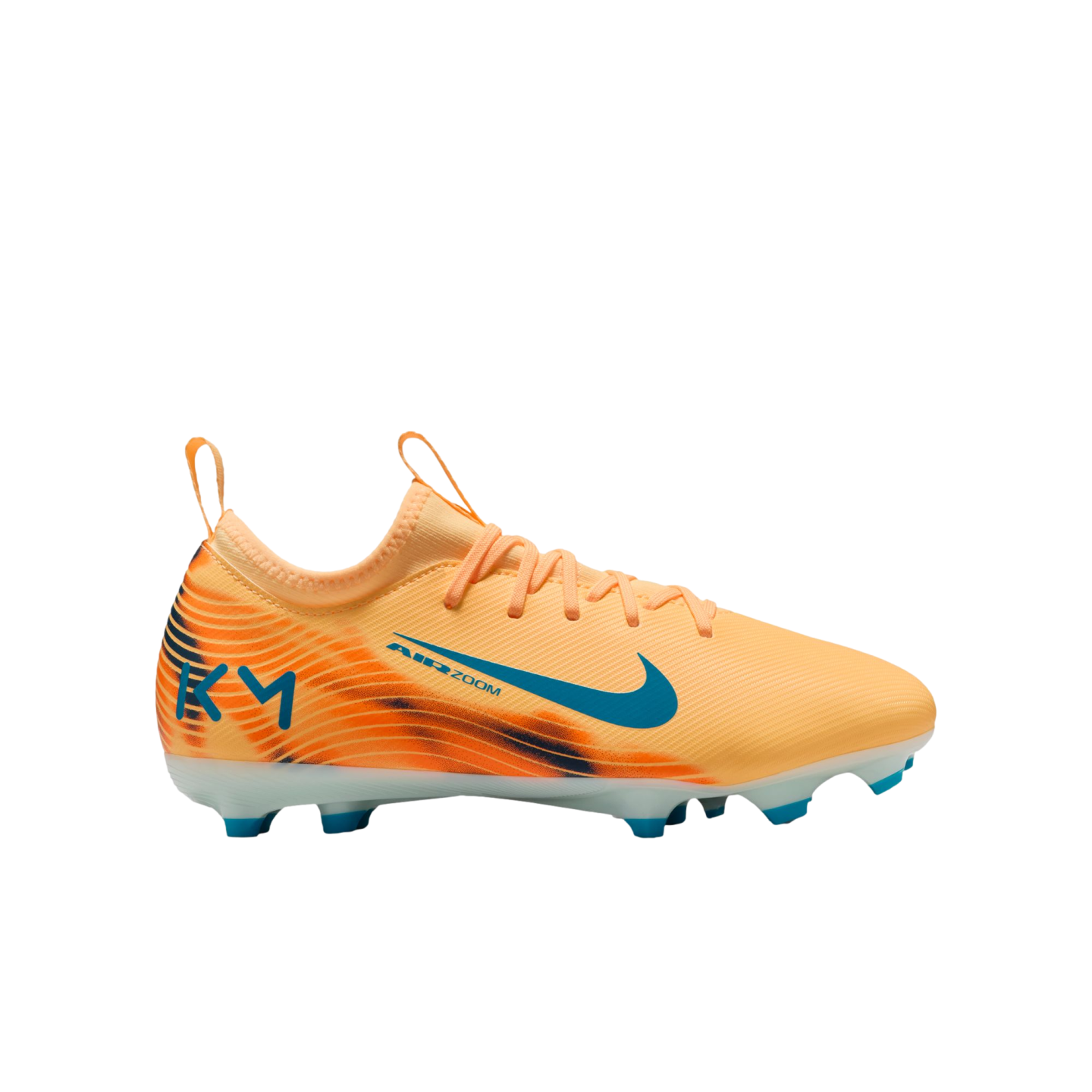 An orange Nike Air Zoom soccer cleat with teal accents and 'KM' logo, shown in profile against a black background.