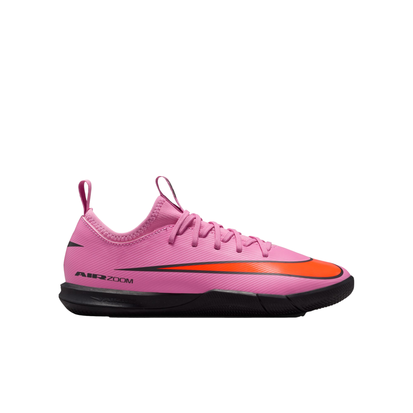 Bright pink Nike Air Zoom soccer shoe with a large orange swoosh and black sole, displayed against a solid black background.