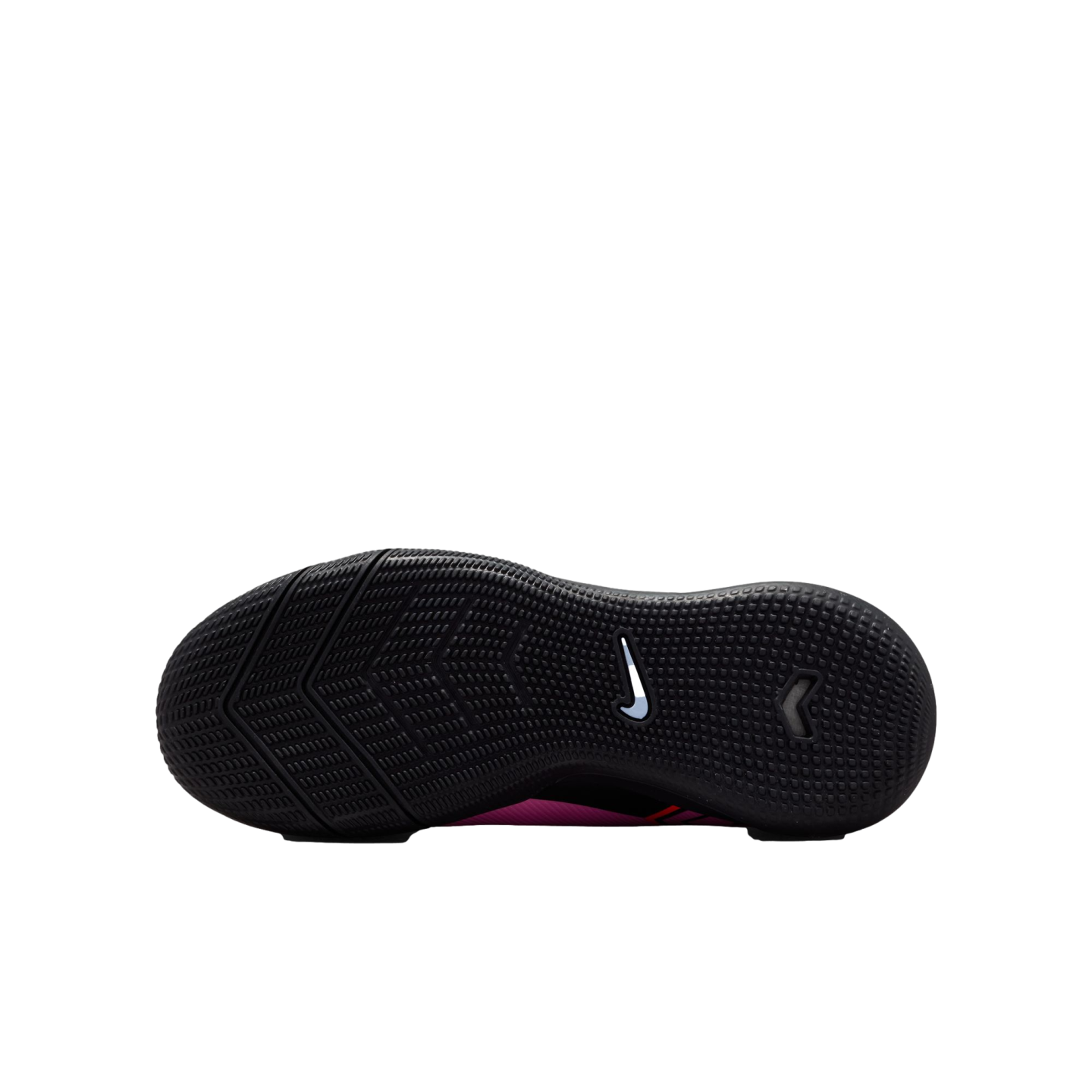 The textured black rubber sole of a Nike shoe with a white swoosh logo, shown against a solid black background.