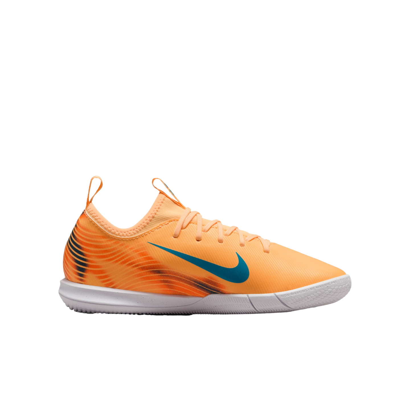 An orange Nike indoor soccer shoe with a teal swoosh logo and white rubber sole, shown in profile against a black background.