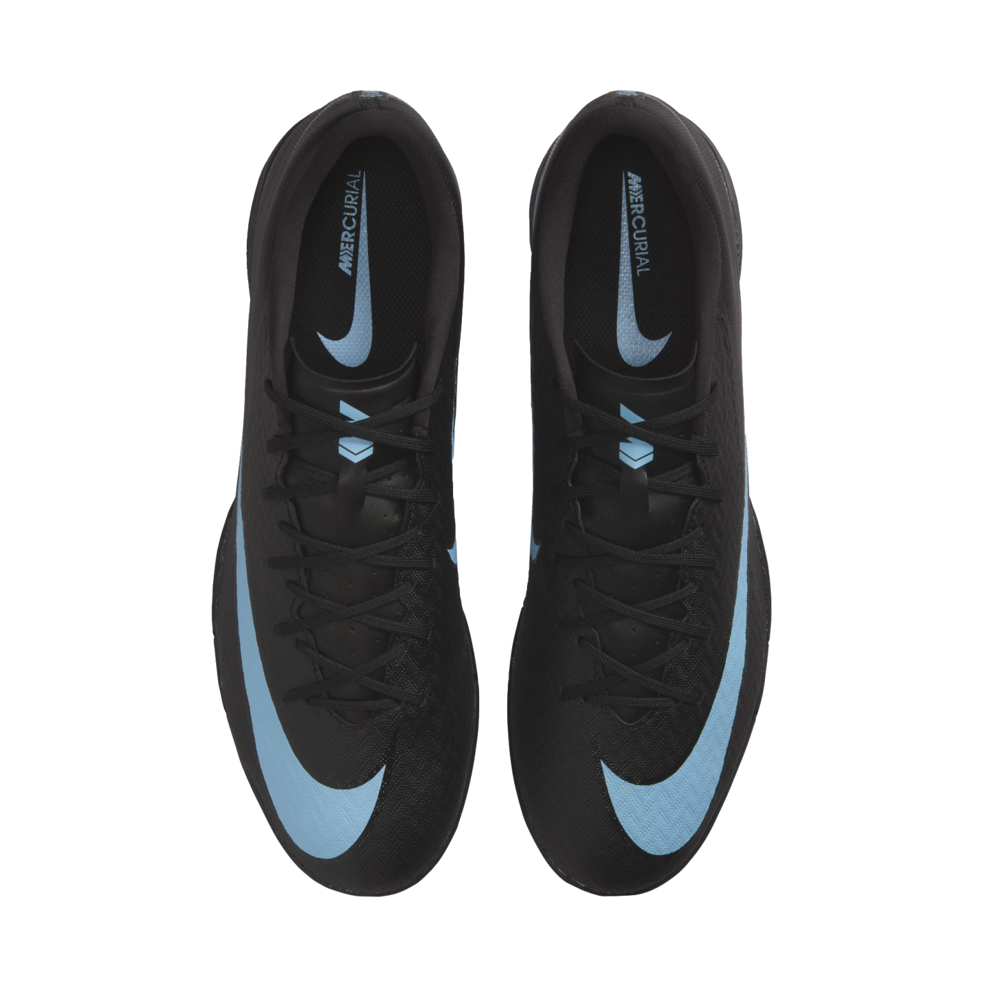Top-down view of black Nike Mercurial soccer cleats with light blue swooshes on the sides and insoles, set against a black background.