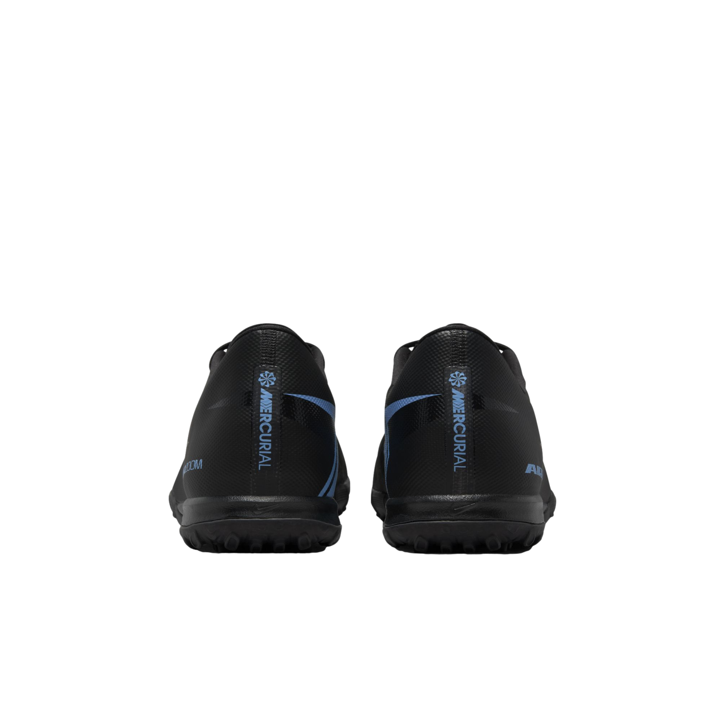 Rear view of black Nike Mercurial soccer shoes against a black background, with blue "MERCURIAL" branding on the heels.