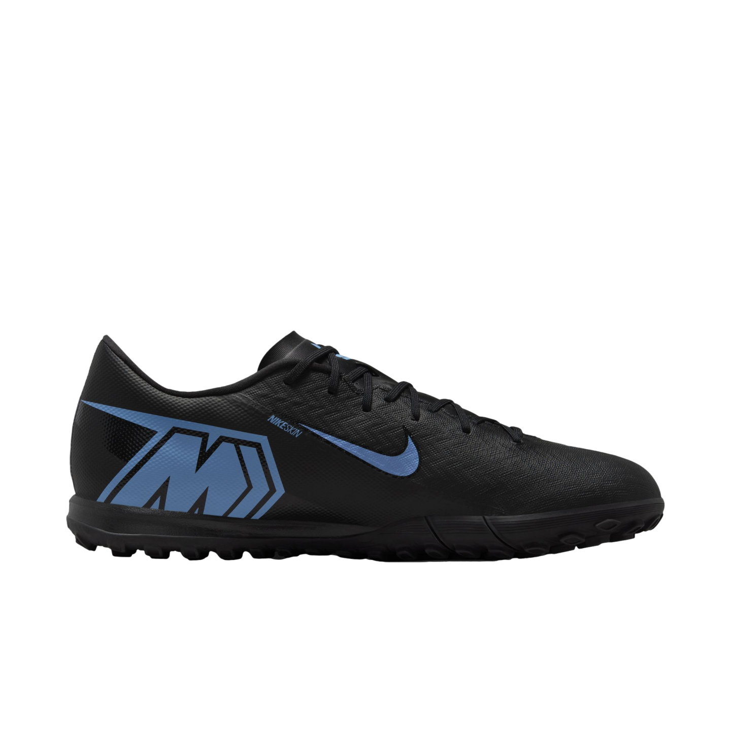A black Nike Mercurial turf soccer shoe featuring a light blue swoosh and large light blue "M" on the heel.