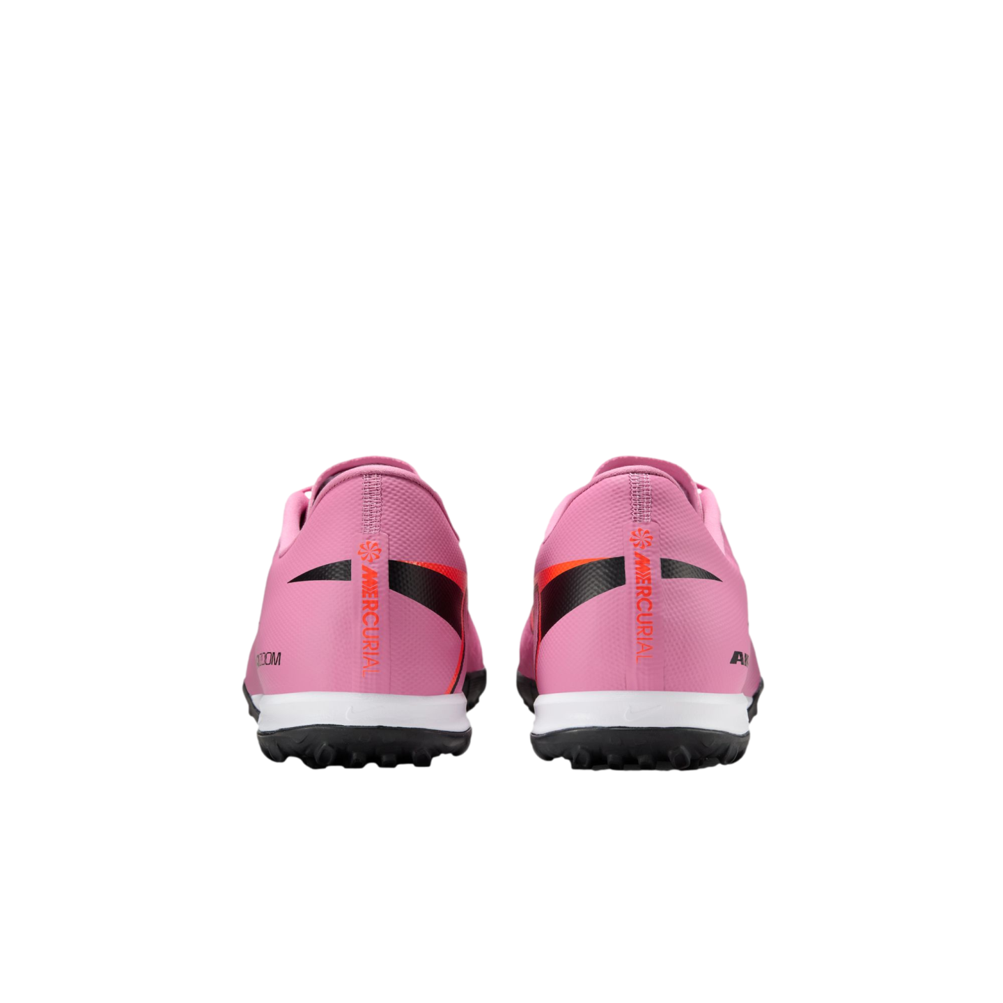 Rear view of a pair of pink Nike Mercurial soccer turf shoes against a solid black background.