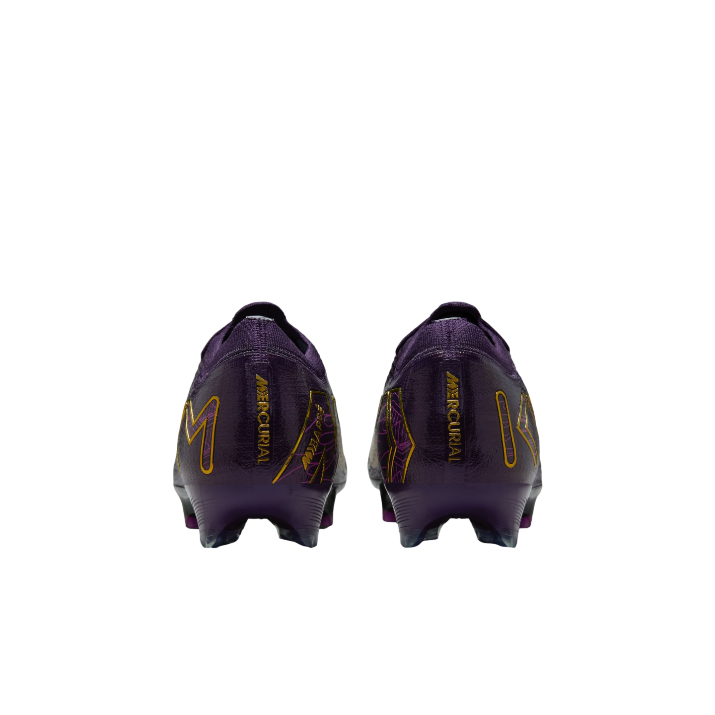 Rear view of two dark purple soccer cleats with gold "MERCURIAL" and "MBAPPE" lettering on the heels, set against a white background.