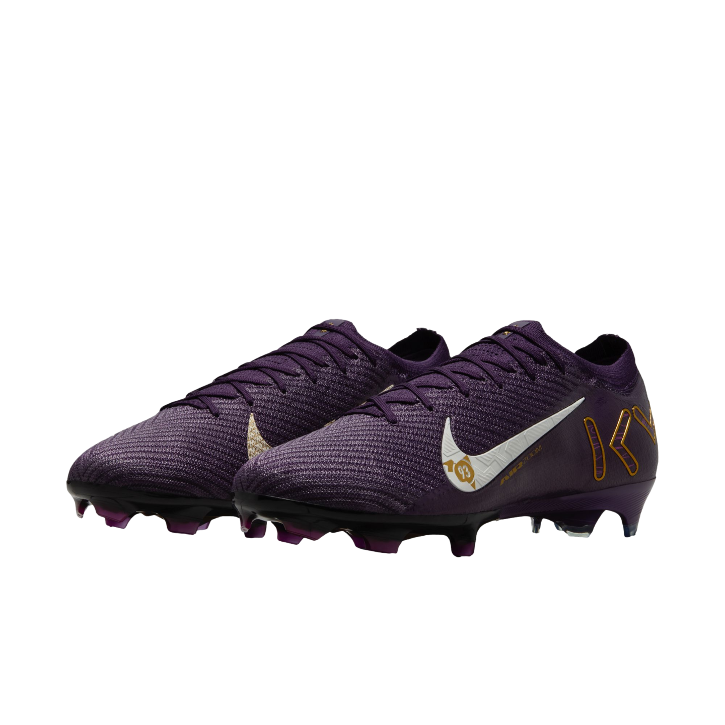 A pair of purple Nike Mercurial soccer cleats with white swooshes and gold accents, featuring a textured upper and purple studs, isolated on a white background.