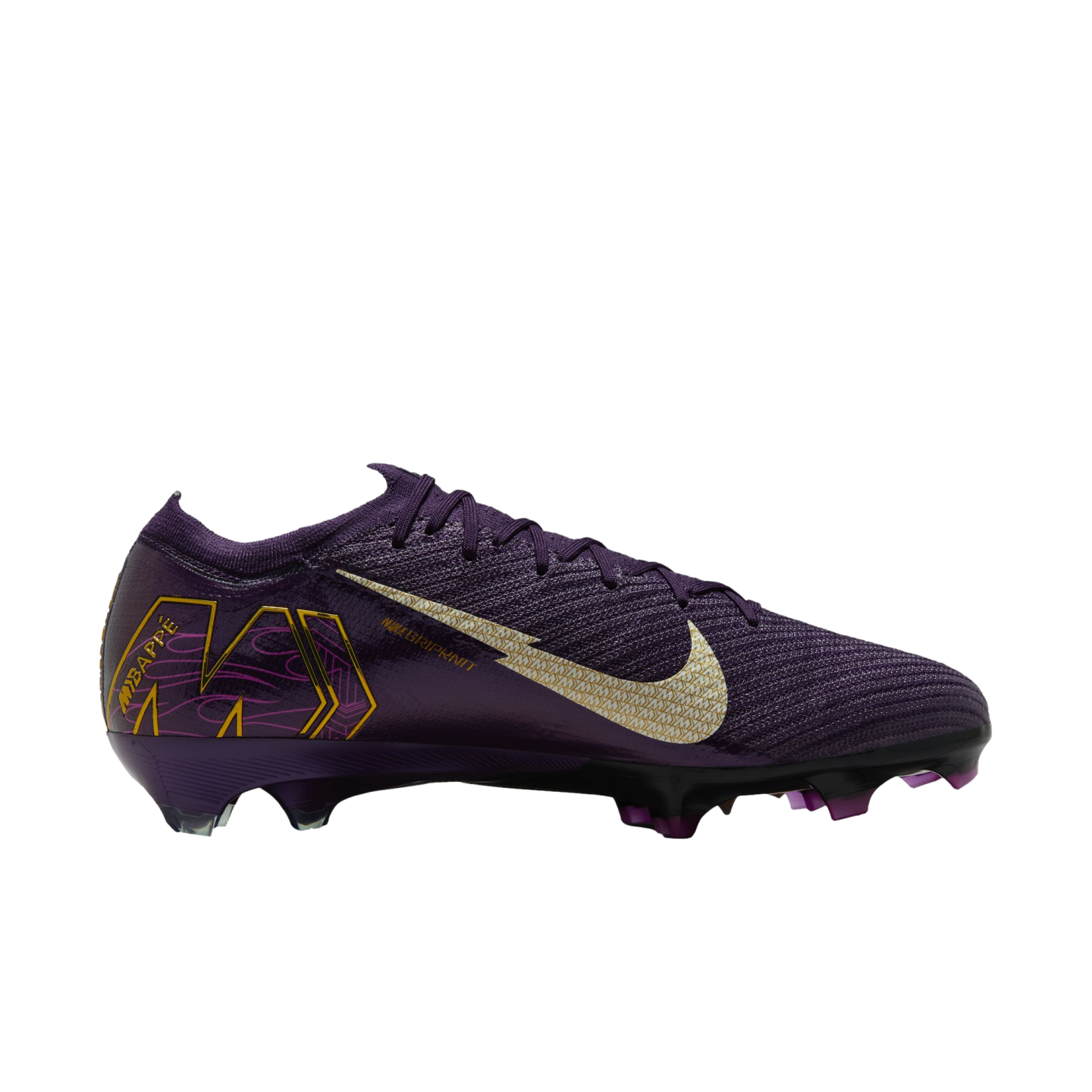 A purple and gold Nike soccer cleat with MBAPPÉ branding on the heel.