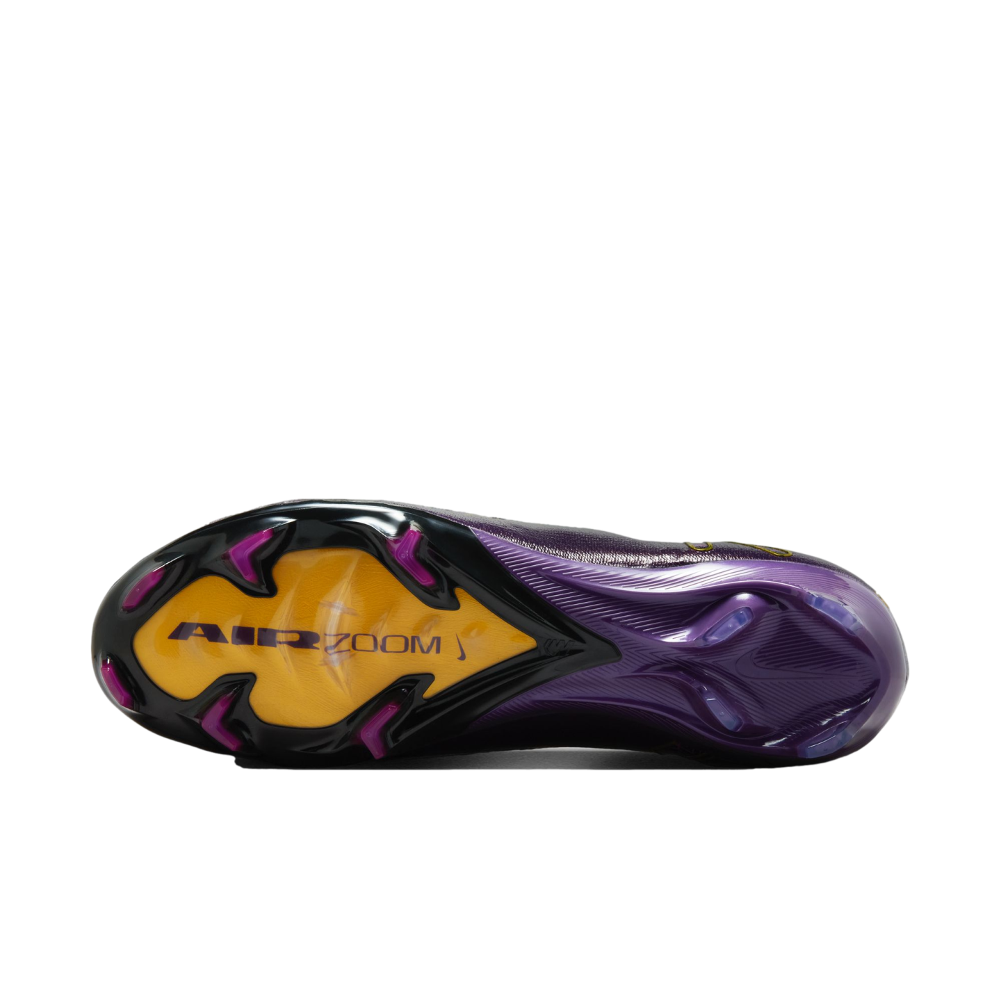Bottom view of a Nike soccer cleat with a purple and black sole. A yellow central plate features "AIR ZOOM" text, surrounded by magenta and purple studs.