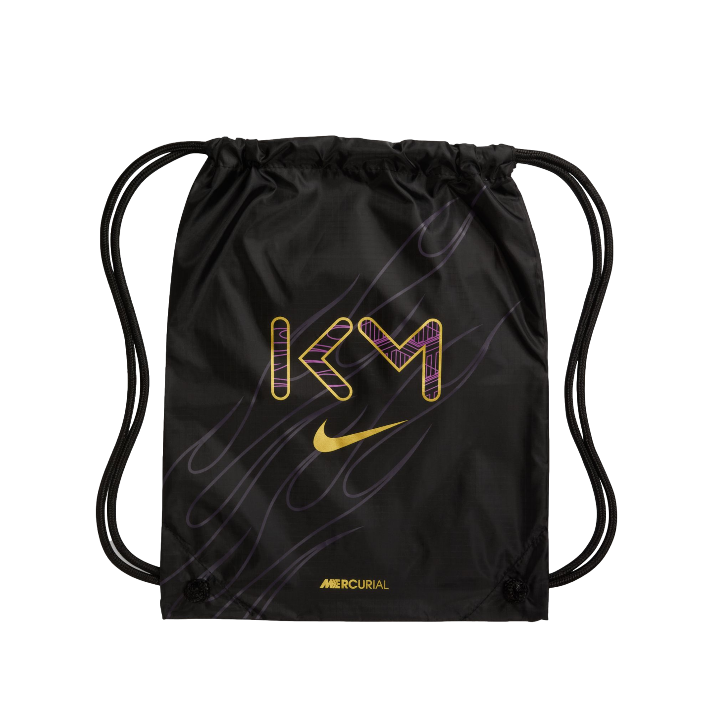 Black Nike Mercurial drawstring bag featuring a stylized gold and purple "KM" logo and a gold Nike swoosh.