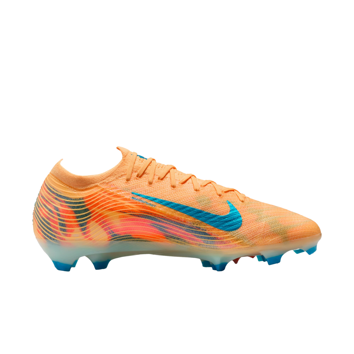 Side profile of a vibrant orange Nike soccer cleat with a marbled pink pattern, featuring a bright blue swoosh and blue studs, set against a solid black background.