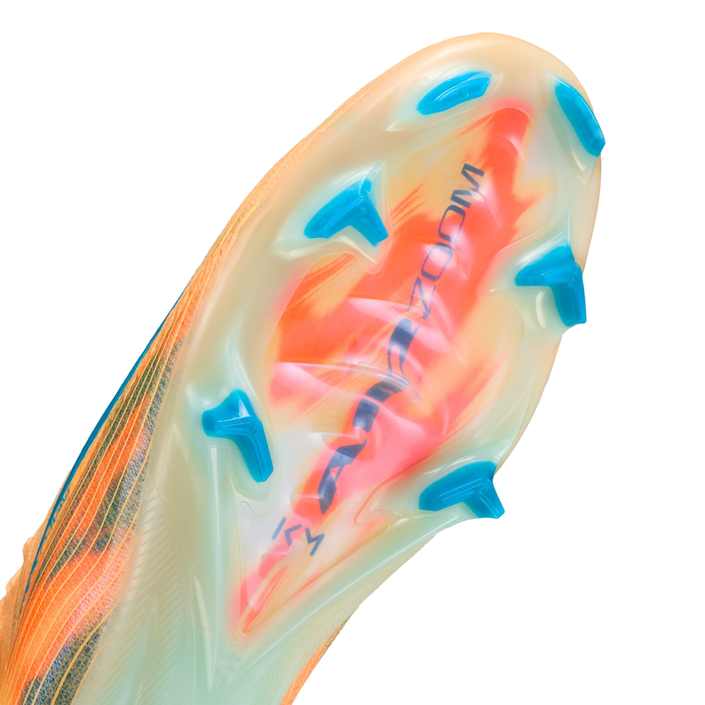 Close-up of a translucent soccer cleat soleplate with orange and green patterns, bright blue bladed studs, and "AIR ZOOM" text.