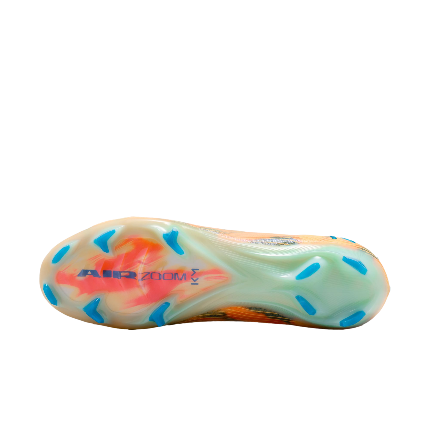 Bottom of a Nike soccer cleat featuring a translucent soleplate with orange swirls, blue "AIR ZOOM" branding, and blue studs against a black background.