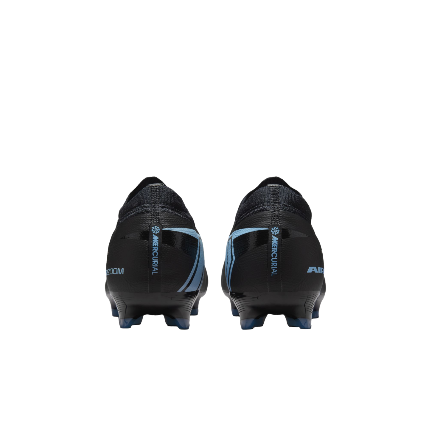 Rear view of black Nike Mercurial soccer cleats with light blue accents against a black background.