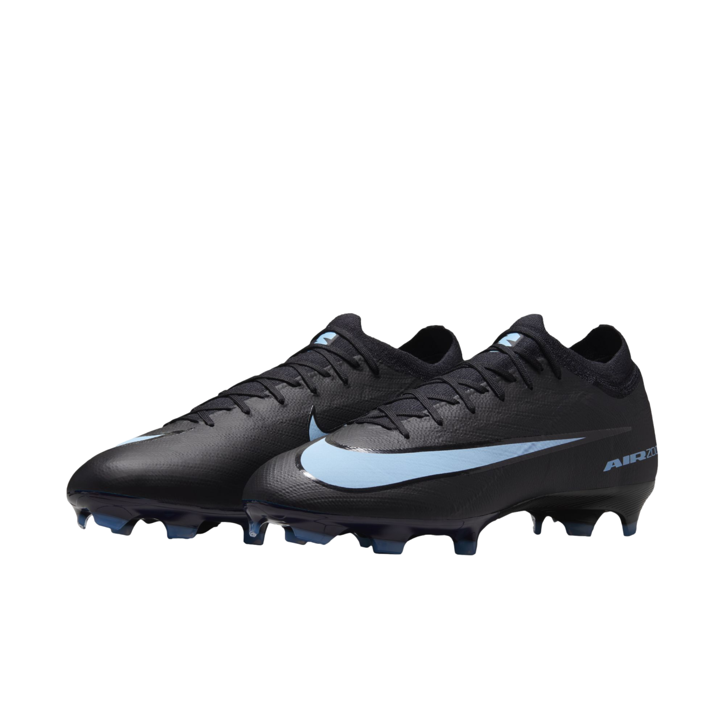 A pair of black Nike Air Zoom Mercurial Vapor soccer cleats with a light blue swoosh and accents, set against a black background.