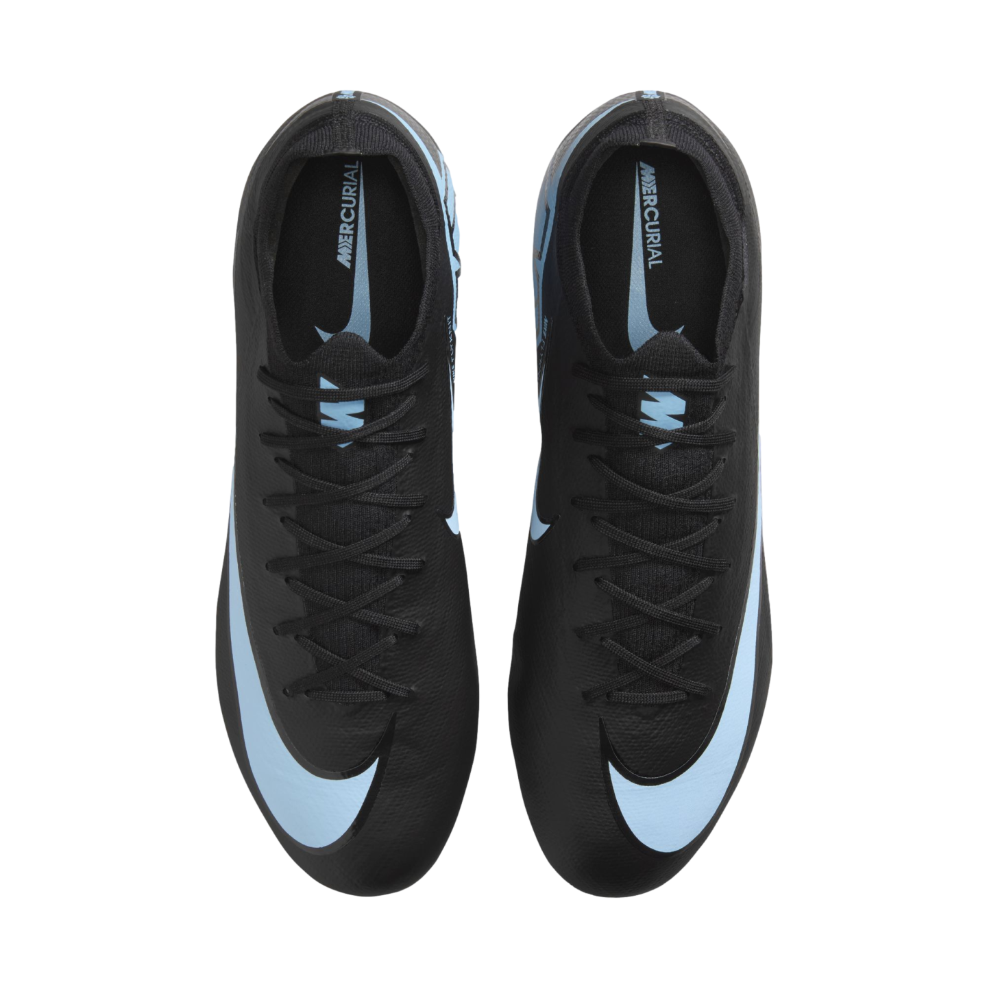 Top-down view of a pair of black Nike Mercurial soccer cleats featuring light blue accents and large swooshes on the toes, set against a black background.