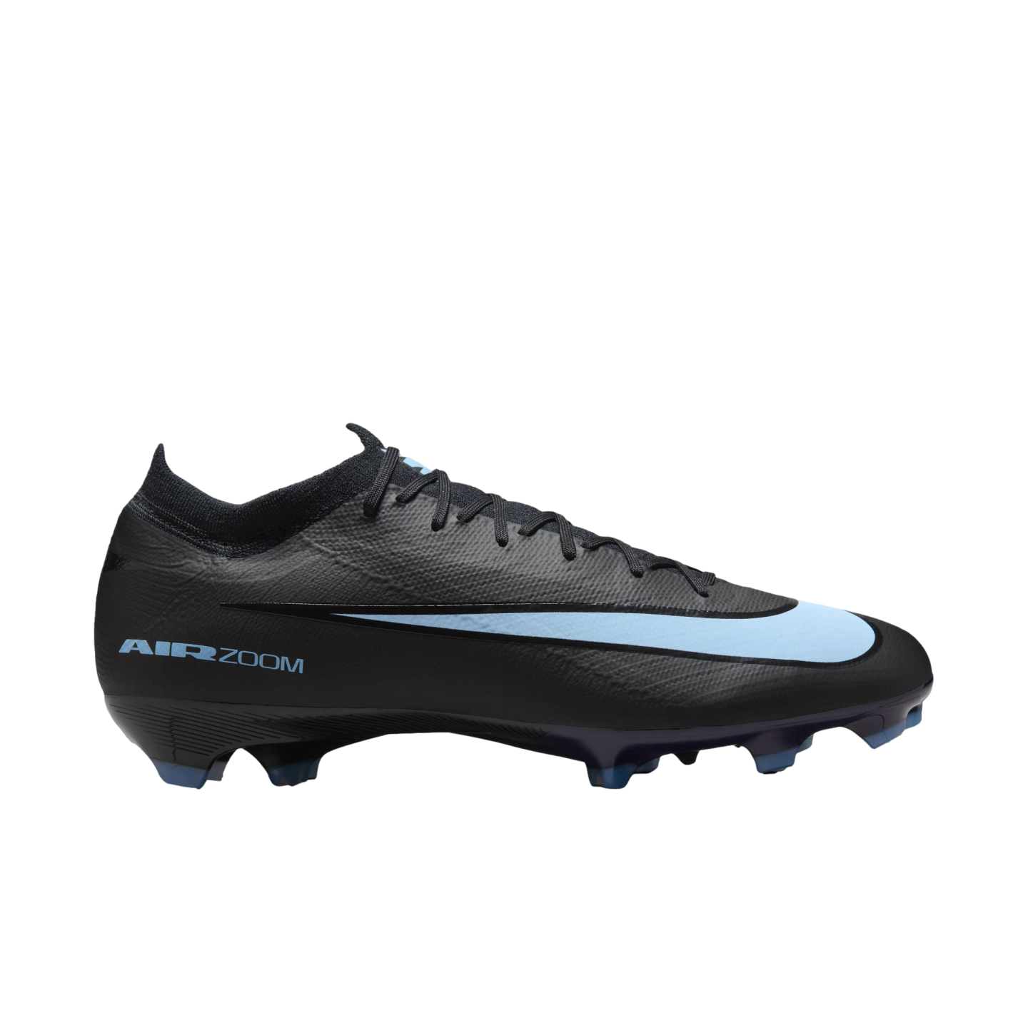 Side profile of a black Nike Mercurial soccer cleat with a light blue swoosh and "AIR ZOOM" branding on a black background.