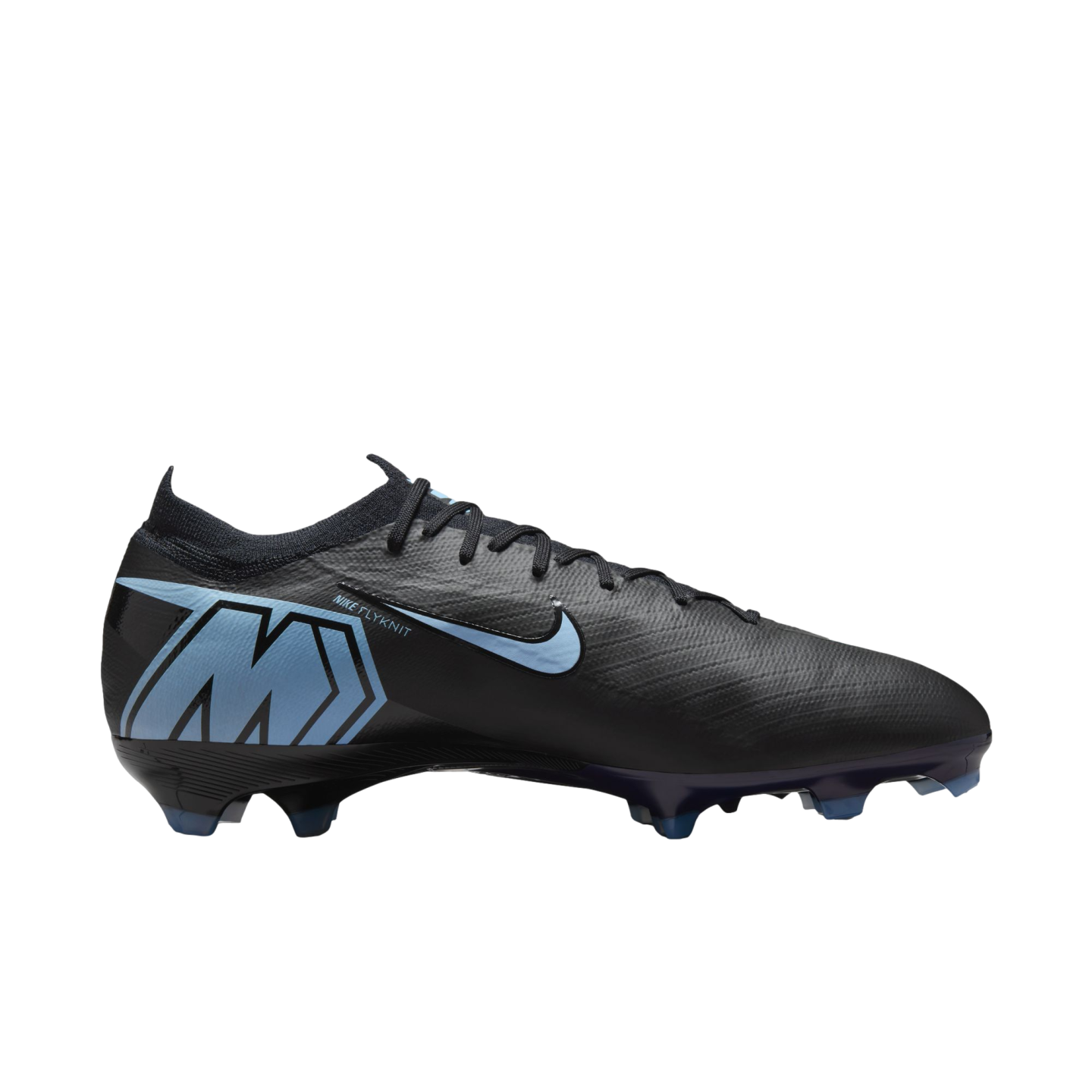 Black Nike Mercurial soccer cleat with light blue accents and branding, shown in side profile against a black background.