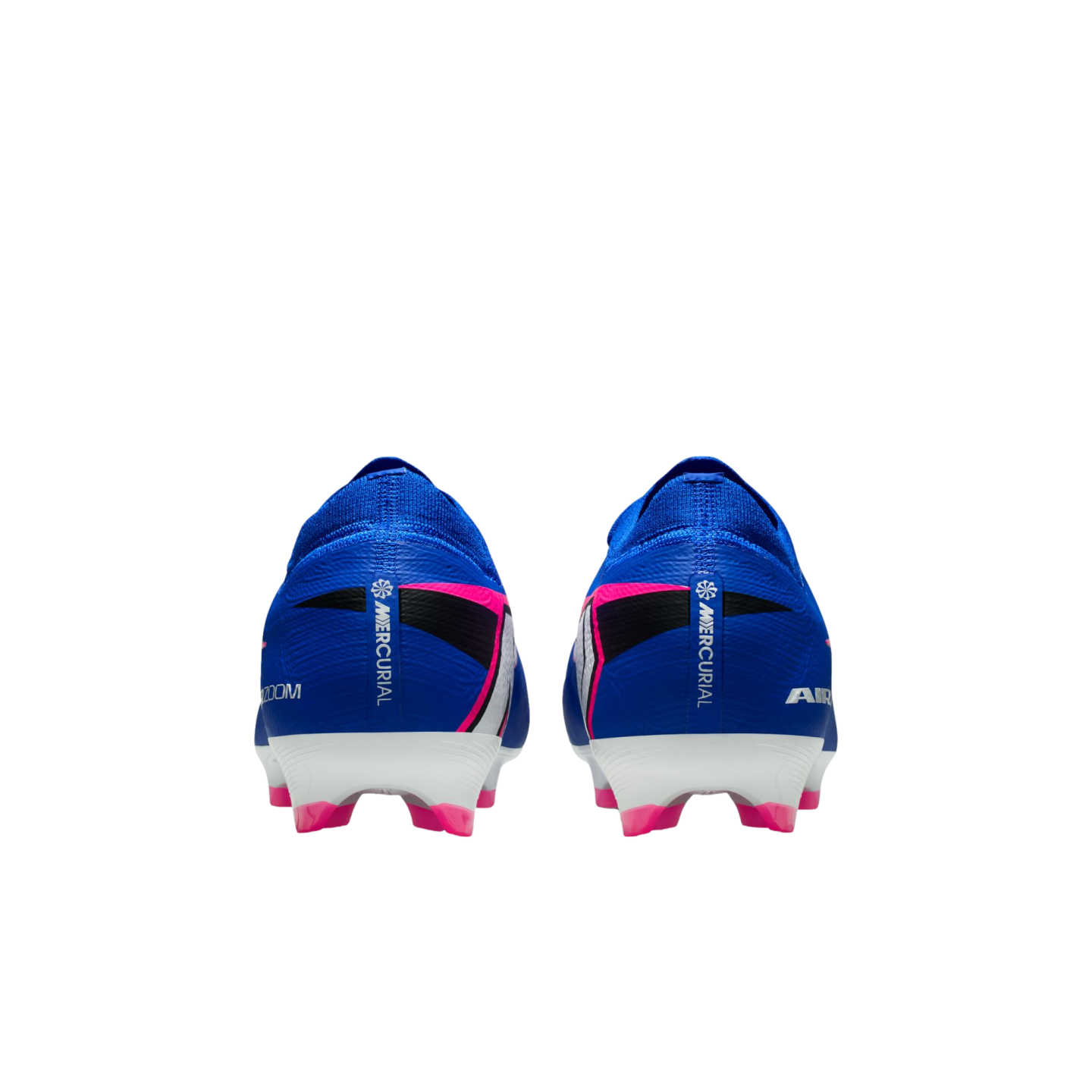 Rear view of two blue Nike Mercurial soccer cleats with pink and black accents against a black background.