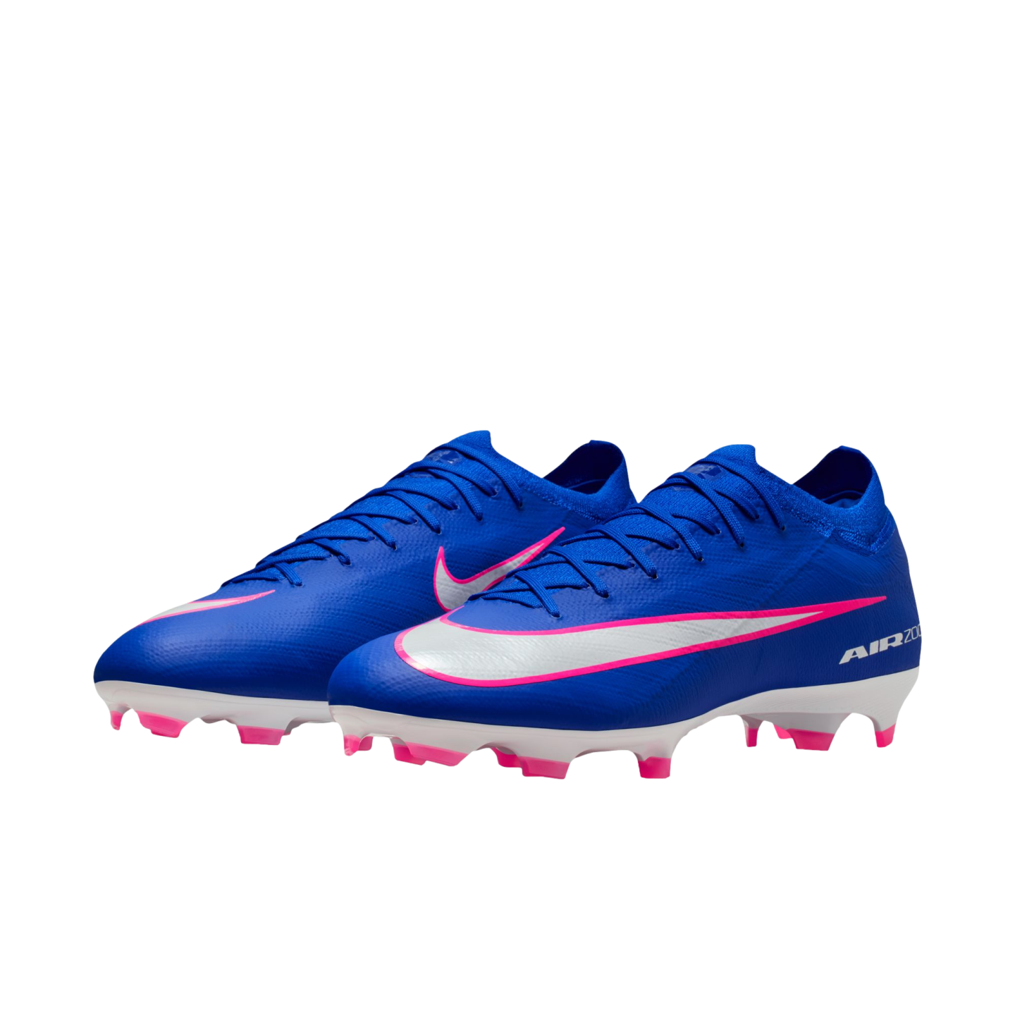 A pair of bright blue Nike Mercurial Air Zoom soccer cleats featuring a white and pink Nike swoosh, white soleplates, and pink studs against a black background.
