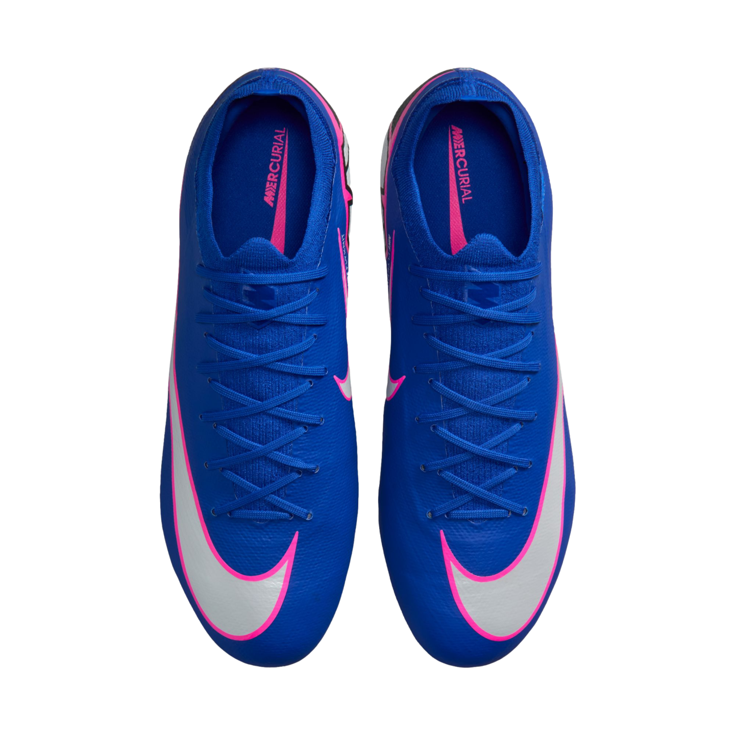 Top-down view of blue Nike Mercurial soccer cleats with white swooshes outlined in pink, set against a black background.