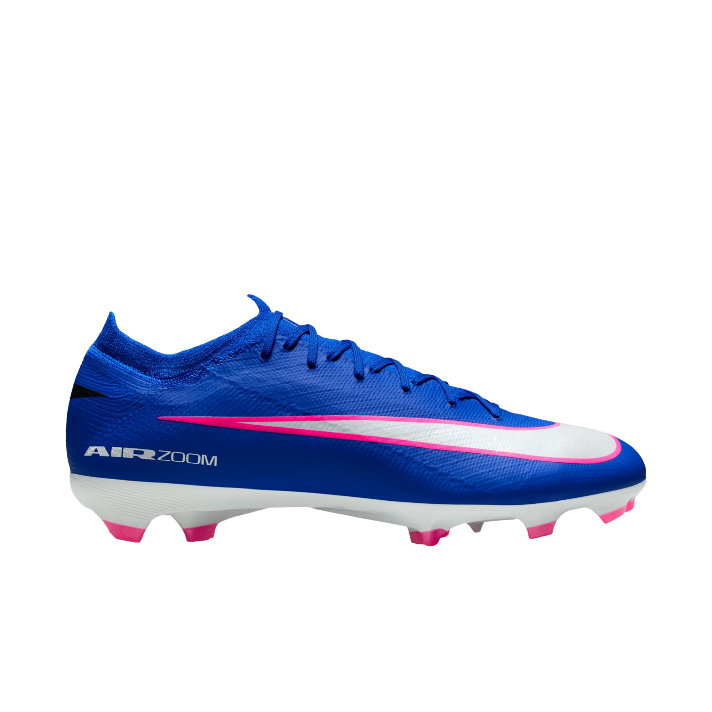 Side view of a blue Nike Mercurial soccer cleat with a white and pink swoosh, white sole, and pink studs against a black background.