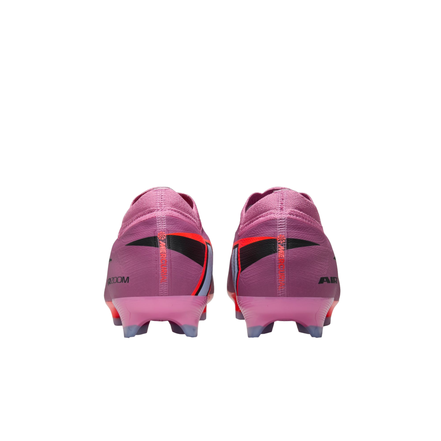 Rear view of a pair of purple Nike Mercurial Air Zoom soccer cleats on a solid black background.