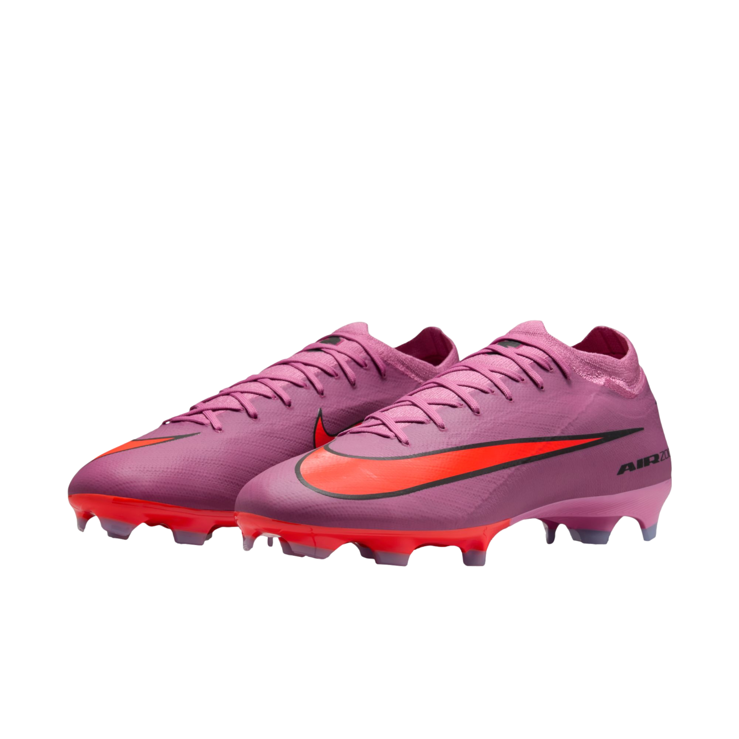 A pair of purple Nike Mercurial football boots with a red Nike swoosh and red sole plates, shown against a solid black background.