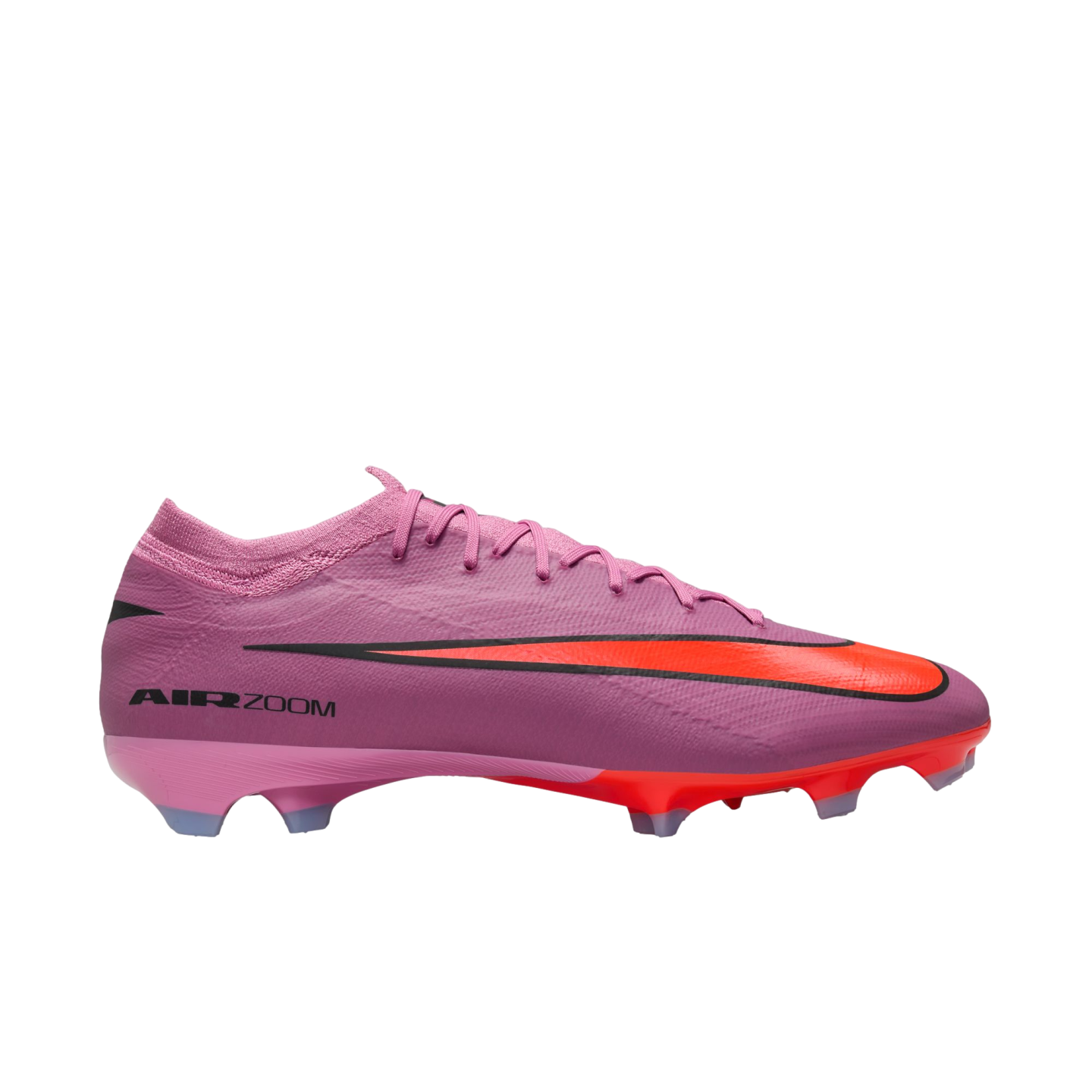 Profile view of a pink Nike Air Zoom Mercurial Vapor 15 soccer cleat featuring a bright orange Swoosh logo against a black background.