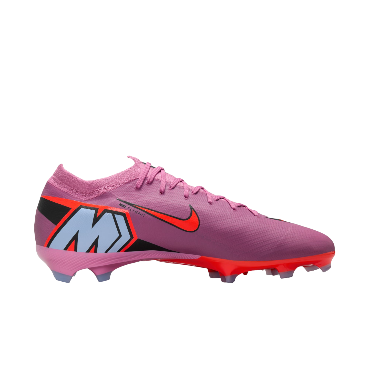 A purple Nike Mercurial soccer cleat with bright orange accents and a large light blue "M" logo on the heel.
