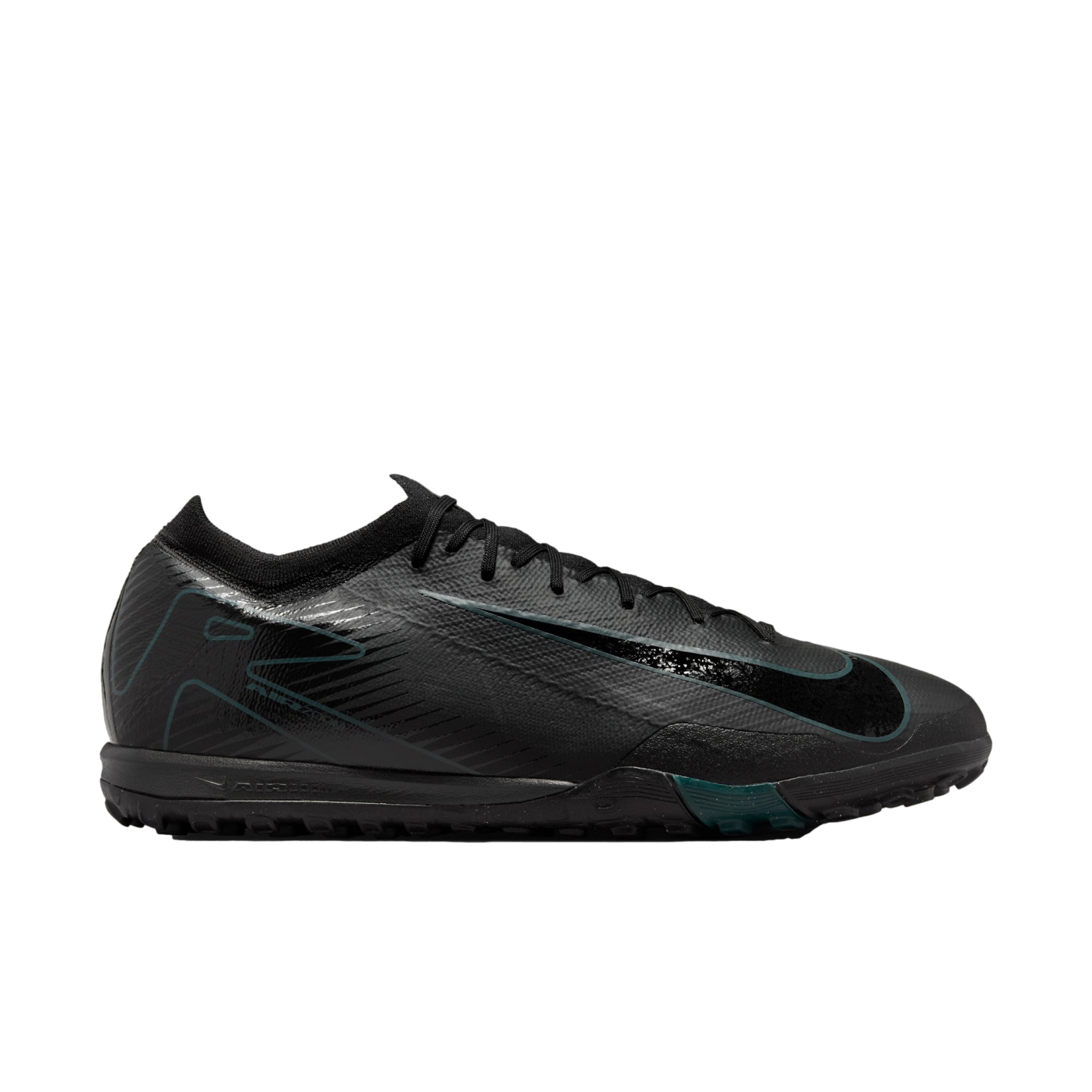 A side view of the black Nike Mercurial Vapor 16 Pro Turf Shoes, featuring a textured synthetic upper, a large glossy Swoosh with a thin teal outline, and a low-profile turf-specific outsole.