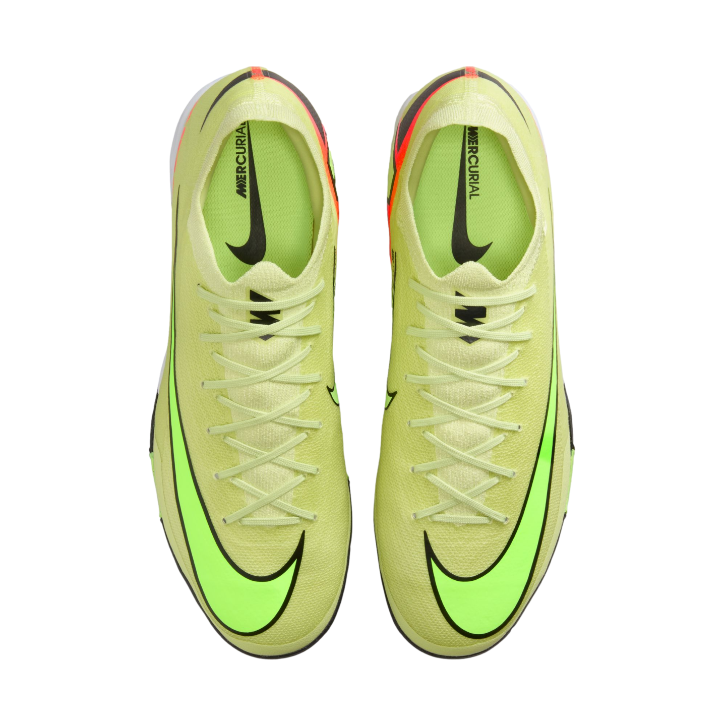 A top-down view of a pair of neon yellow Nike Mercurial soccer cleats against a black background.