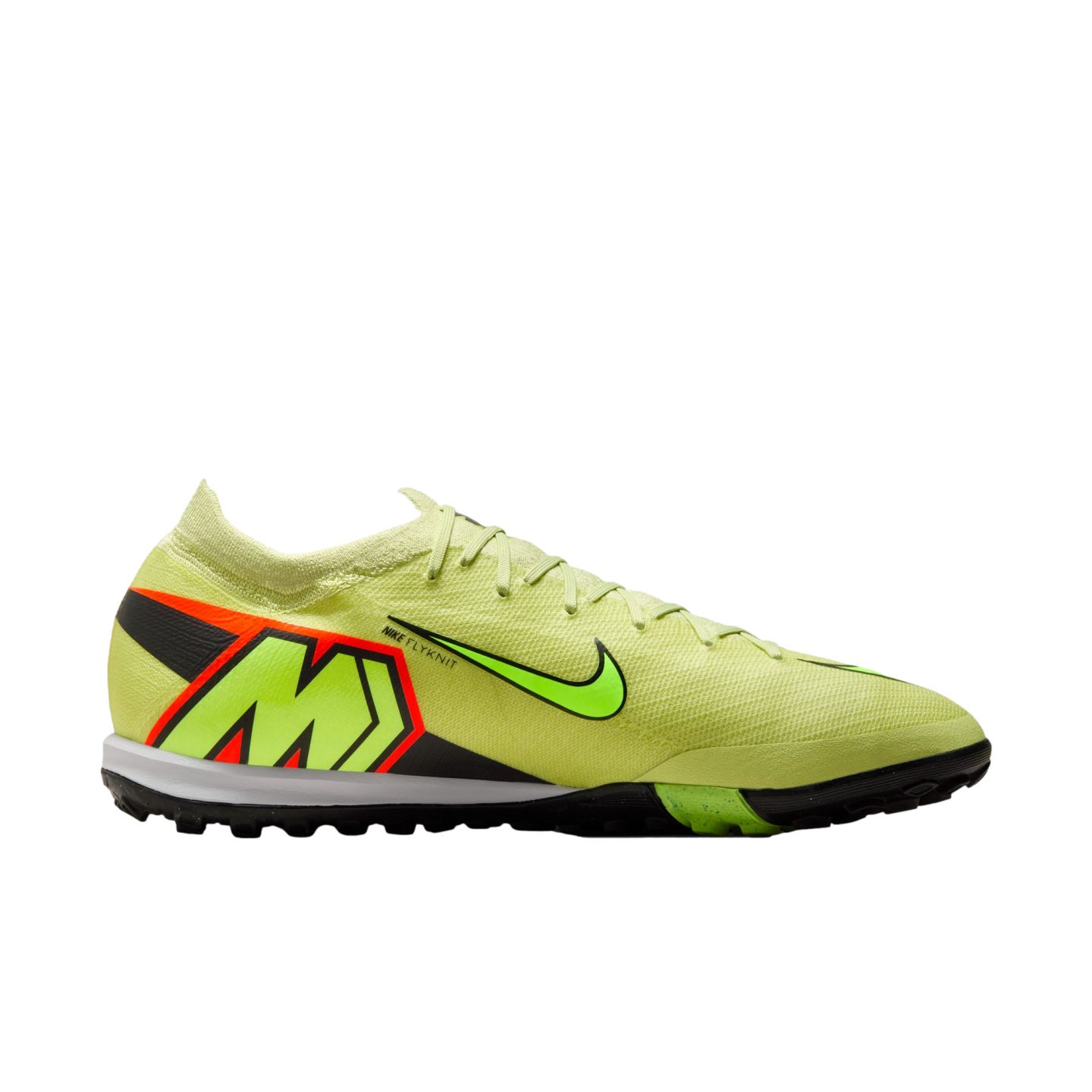 Side profile of a lime green Nike Mercurial turf soccer shoe with a large 'M' logo on the heel and orange accents, against a black background.