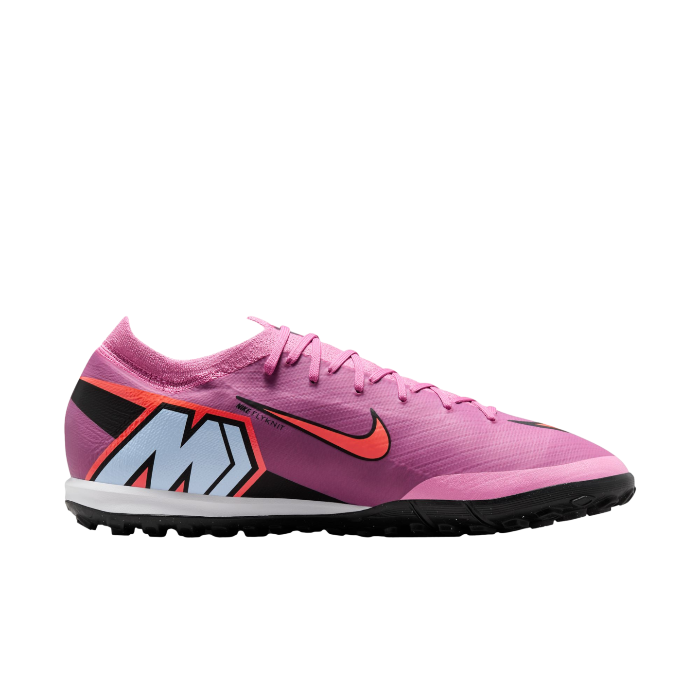 Side profile of a pink Nike Mercurial turf soccer shoe with a large light blue 'M' on the heel and an orange swoosh, set against a black background.