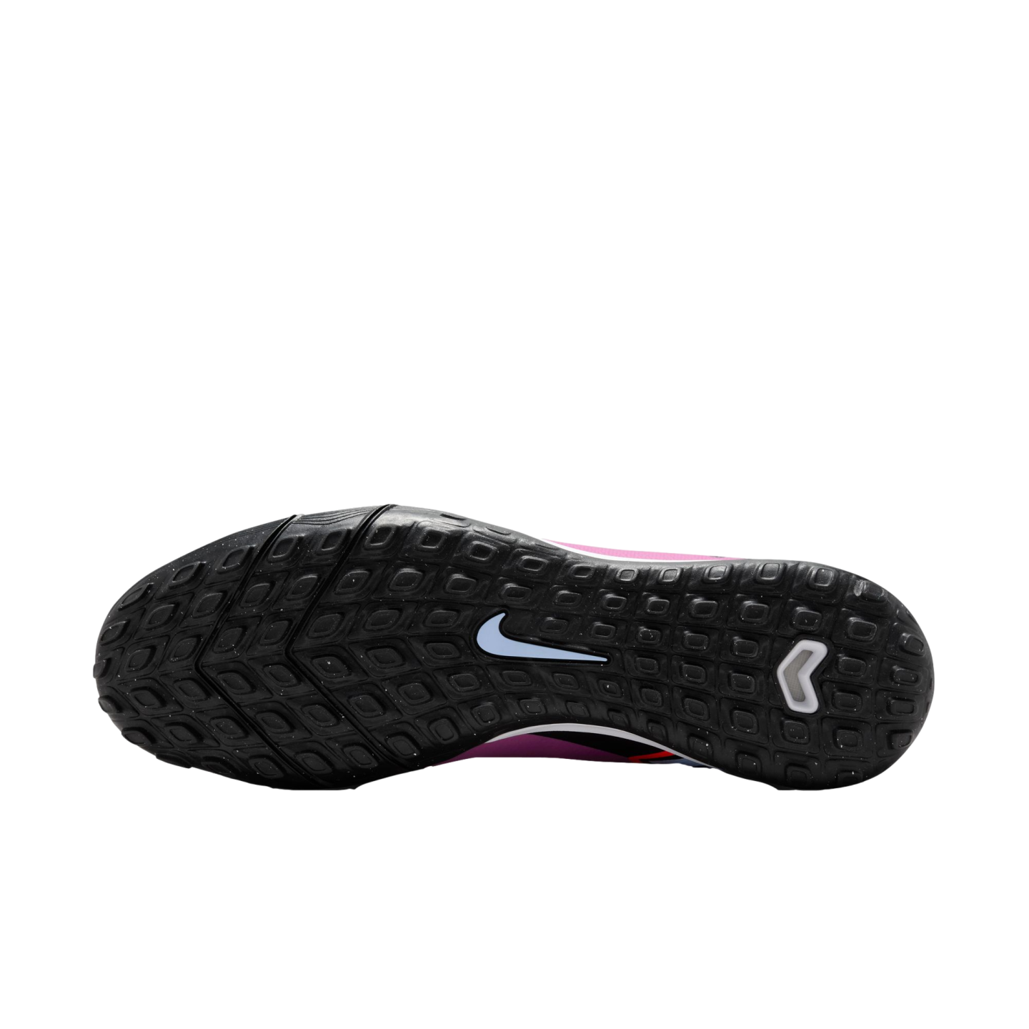 Underside of a Nike turf soccer shoe with a black studded outsole and light blue swoosh against a black background.