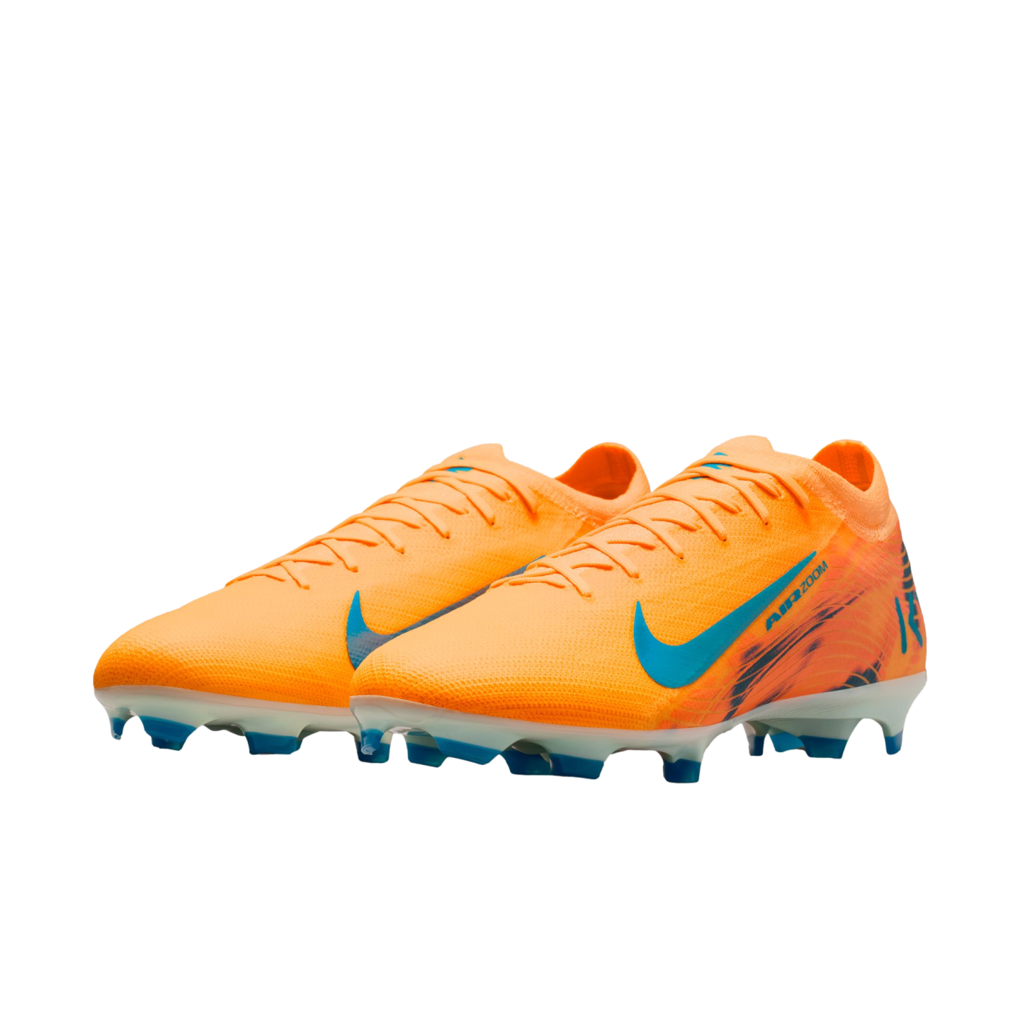 Bright orange Nike Air Zoom soccer cleats with blue swooshes and accents, set against a solid black background.