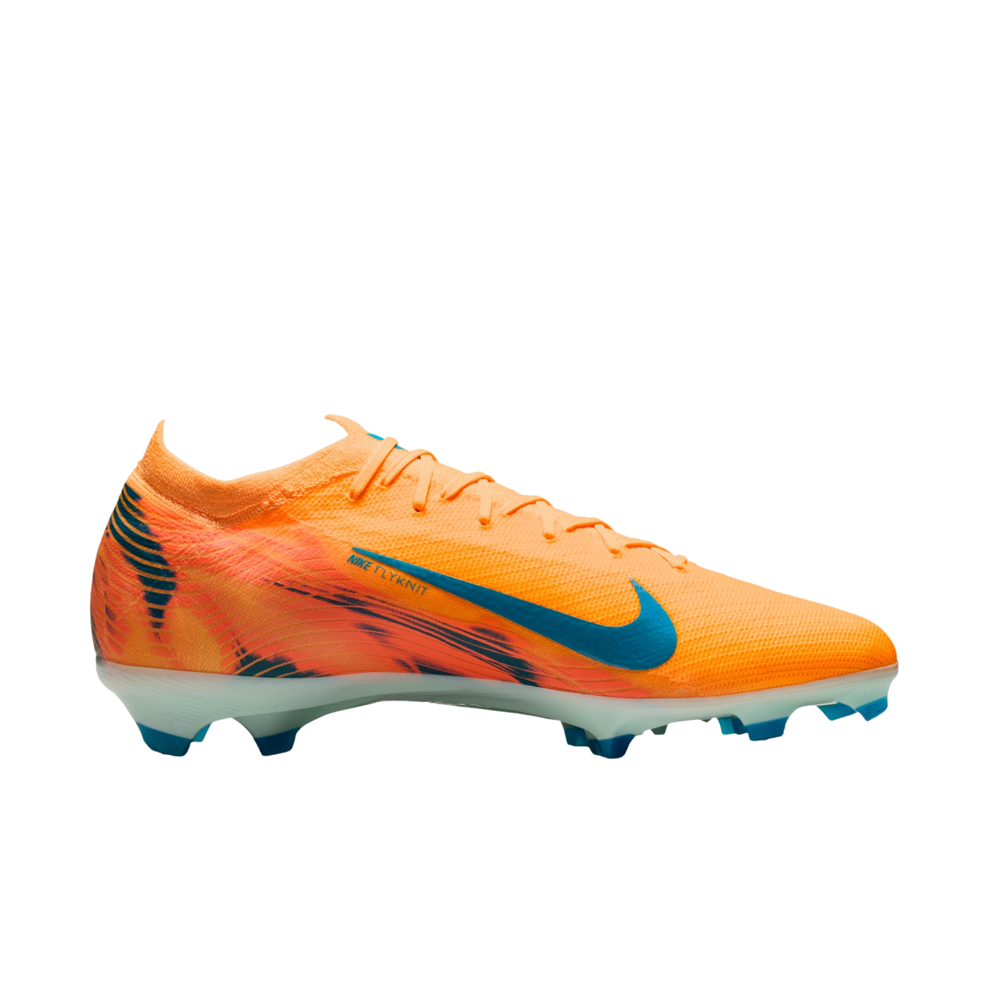 A bright orange Nike Flyknit soccer cleat featuring a teal blue swoosh and accents against a black background.