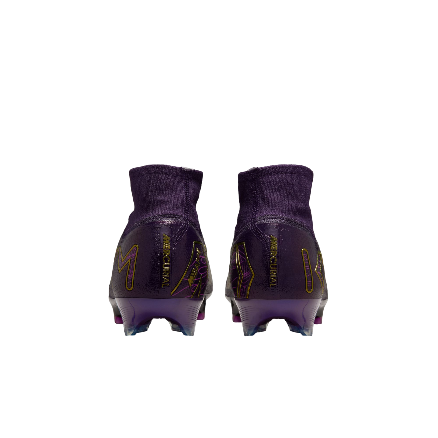 Back view of two purple Nike Mercurial soccer cleats with high-top sock collars and gold branding on a white background.