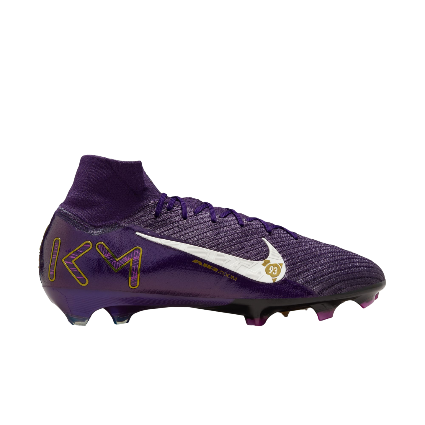 A side profile of a purple Nike football boot with a white swoosh, the letters "KM" in gold, and a high-top sock-like collar.